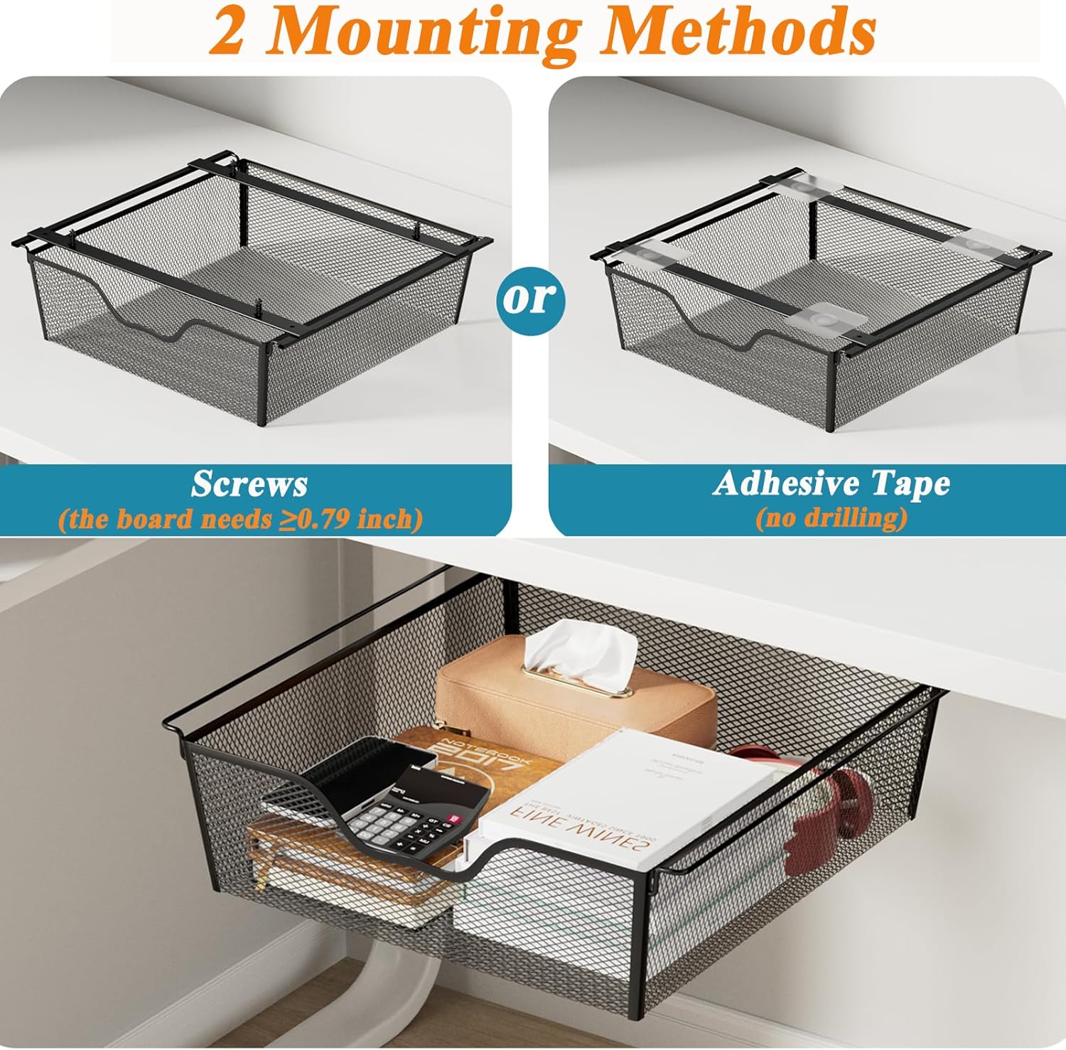 2 Pack Under Desk Drawer Slide Out Self Adhesive Under Desk Storage Drawers Attachable Under Shelf Storage Basket for Home Office Cabinet, Black