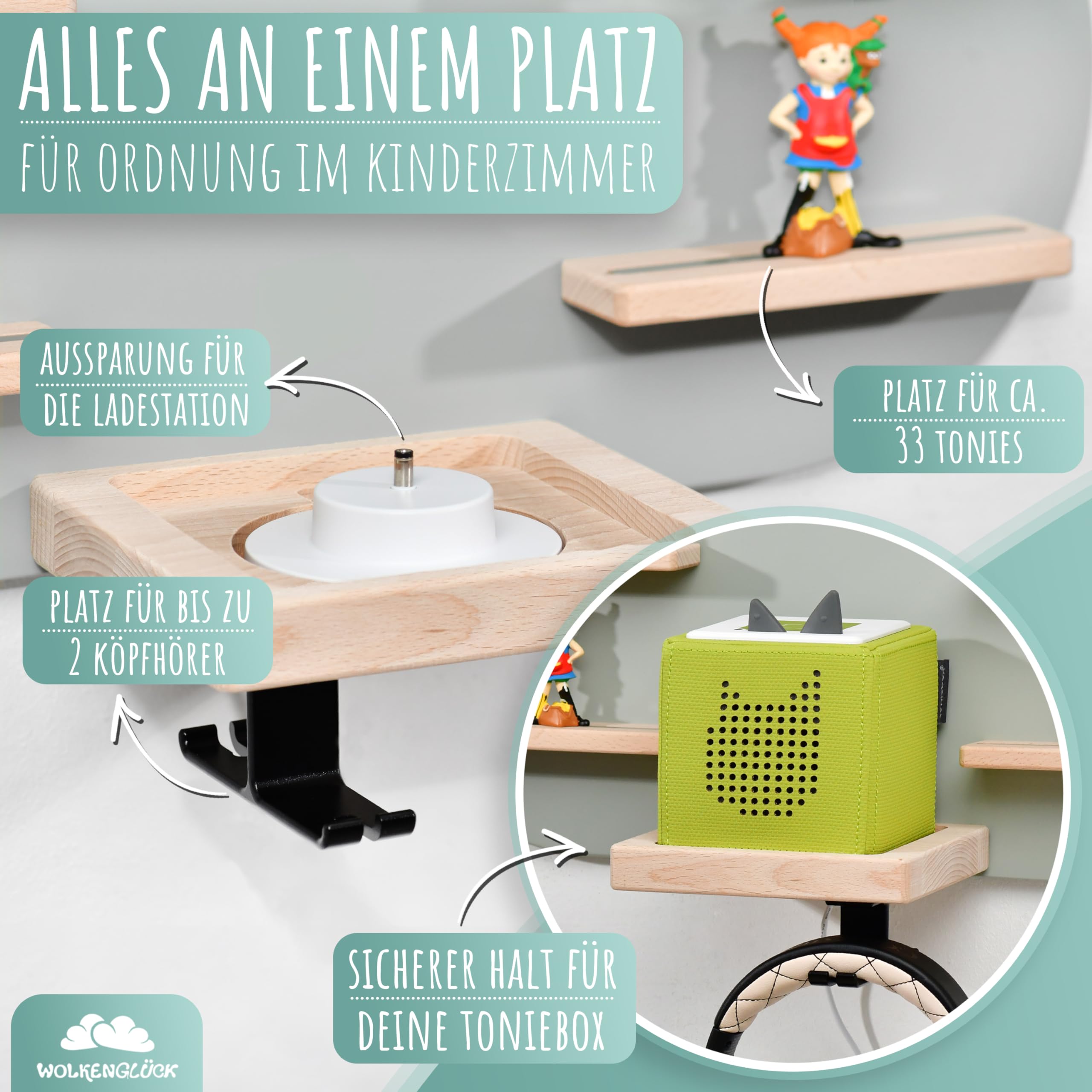 WOLKENGLÜCK® Tonie Regal (Wolke) zur Aufbewahrung der Tonie Box und bis zu 33 Tonies Hörfiguren - Magnetisches Toniebox Regal aus Holz für Mädchen & Jungen inkl. Kopfhörer-Halterung