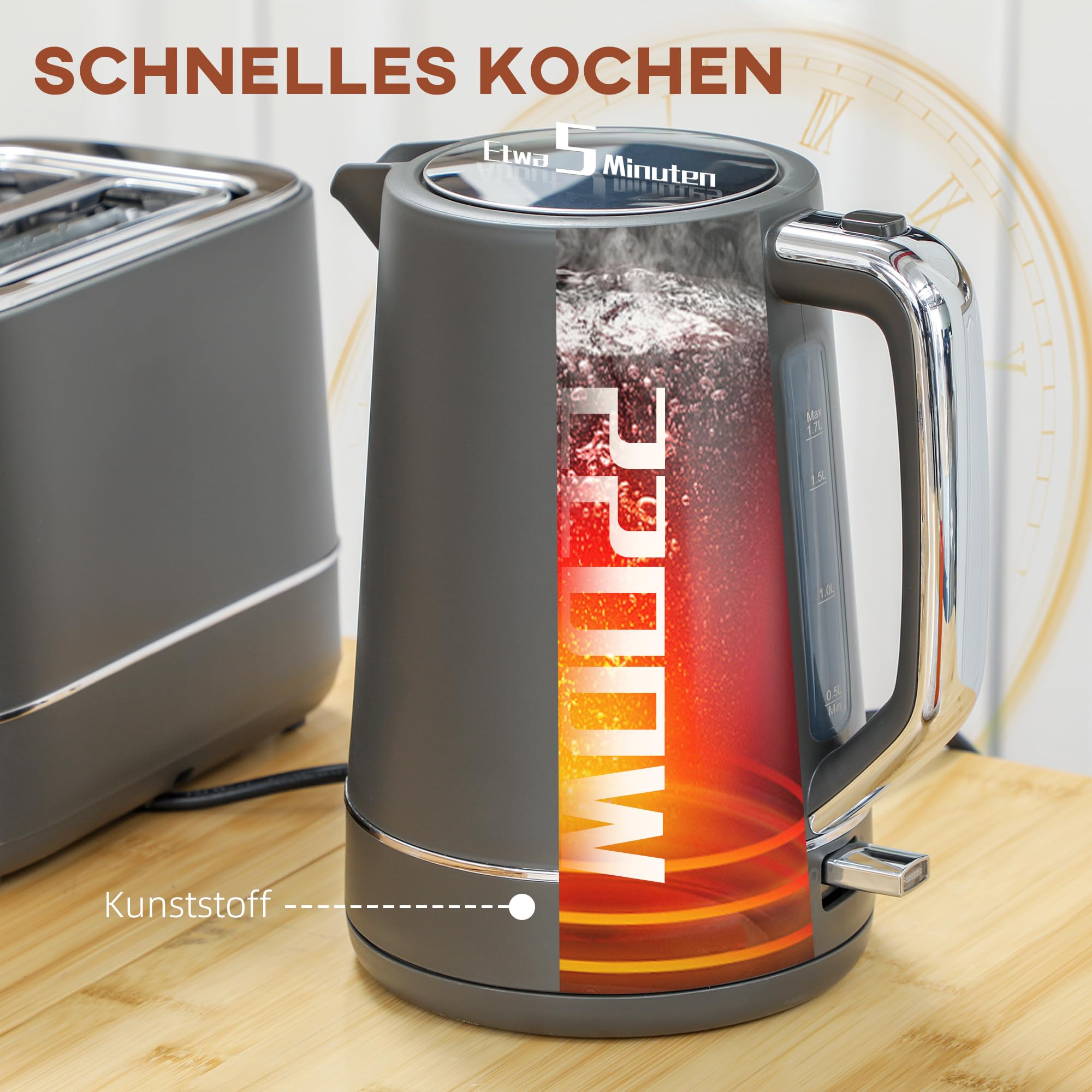 HOMCOM Set di tostapane per bollitore elettrico, 2200 W, 1,7 l, 2 fette, 6 livelli di doratura, riscaldamento e scongelamento, set per la colazione con filtro anticalcare e scomparto per briciole