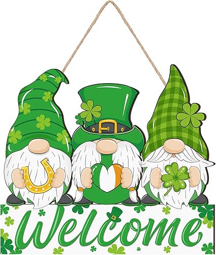 Decoración para puerta de bienvenida del día de San Patricio letrero de puerta de gnomo del día de San Patricio letrero de madera de trébol