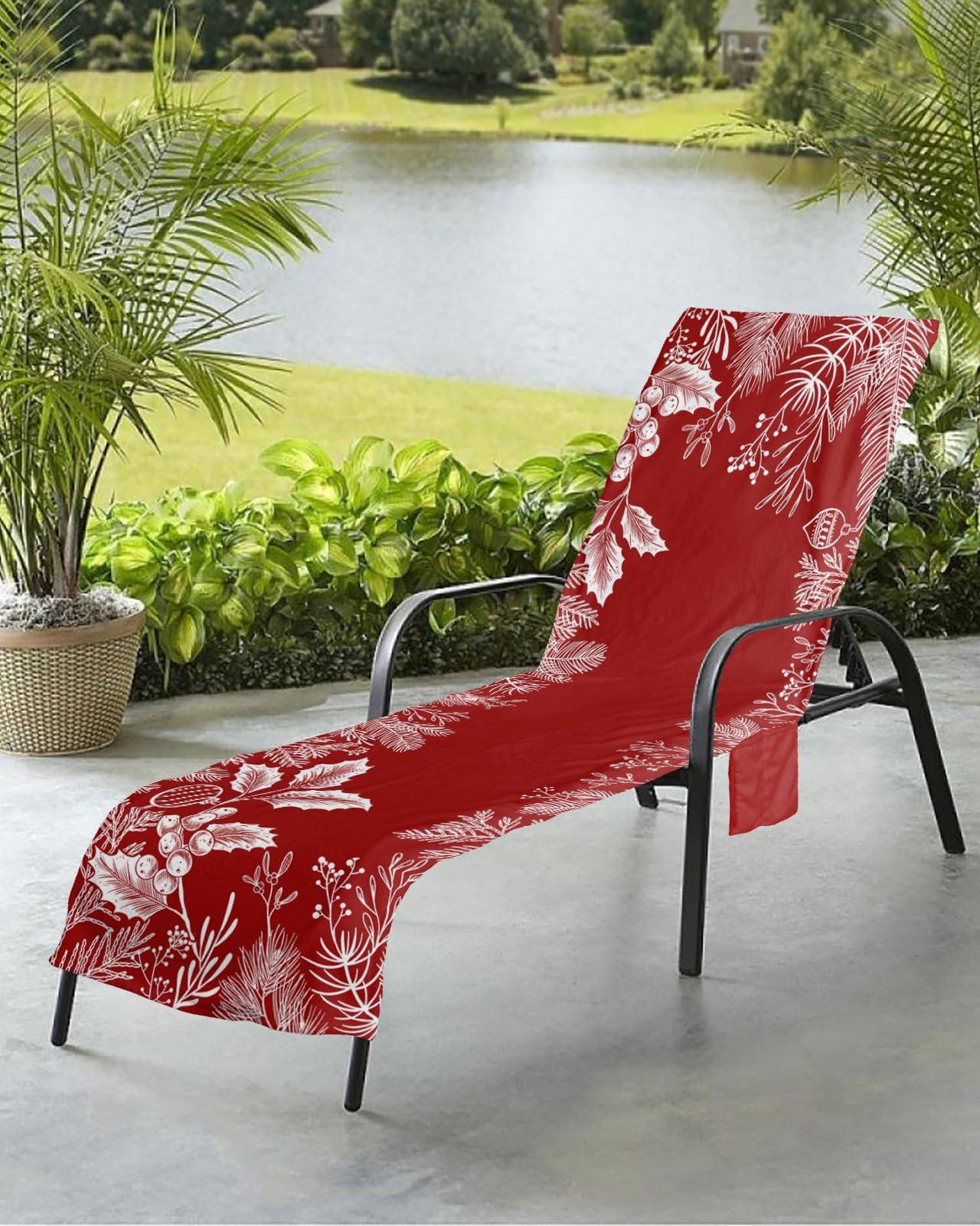 Christmas Pine Beach Chair Towel Covers for Chaise Lounge with Side Pocket, Soft Plush Pool Towels Cover for Patio Sunbathing Outdoor 29''x85'' Red Xmas Tree Branch Berry