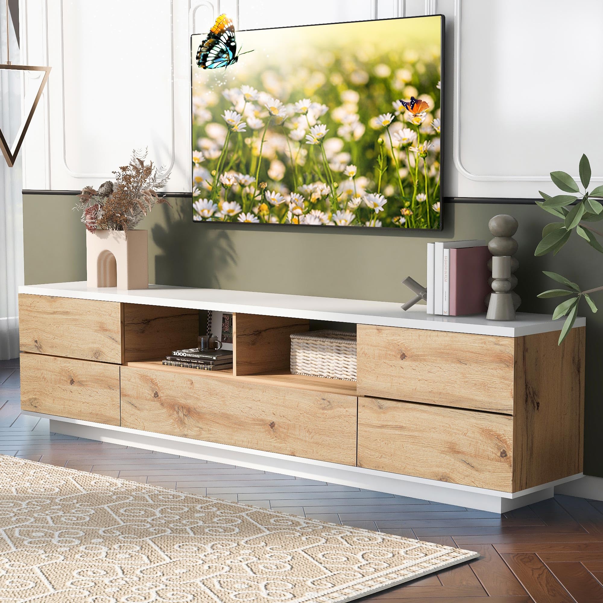 Modern TV Stand for 75 Inch TV, Contemporary Entertainment Center with Storage Cabinet, Media TV Console for Living Room, with Door Rebound Device, 2 Cable Management Holes, Oak & White