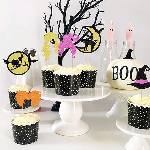 Miniatura 7 de Ercadio Paquete de 24 adornos para cupcakes de Halloween Hocus Pocus, con brillantina, para cabello de bruja, carrito de pelo de bruja, decoraciones