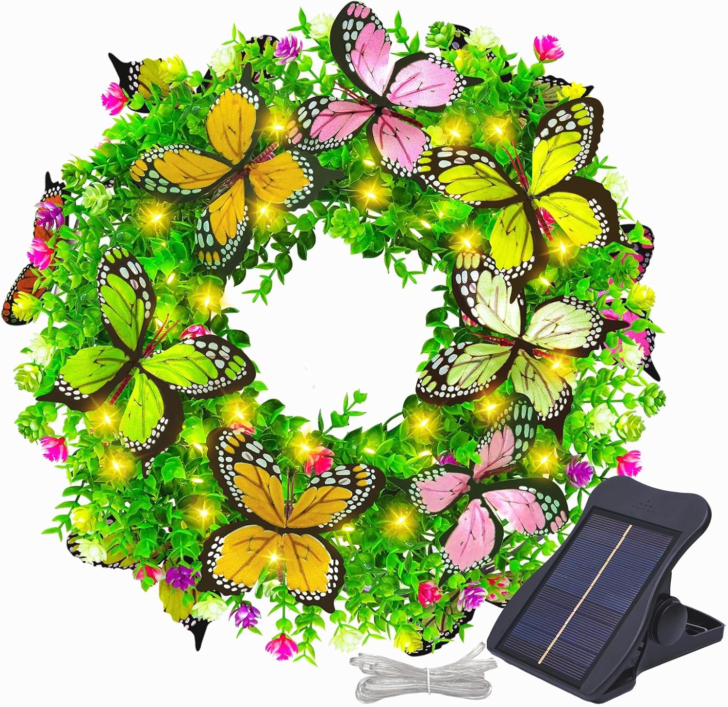 Summer Wreaths for Front Door with Solar Lights, 18in Spring Wreaths Lights with Artificial Flowers and Butterflies, Perfect for Wall Window Home Outdoor Wedding Anniversary Summer Festival Decor