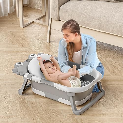 Miniatura 5 de Bañera plegable para recién nacidos a niños pequeños con monitor de temperatura en tiempo real y cojín flotante, bañera de viaje portátil para 0 a