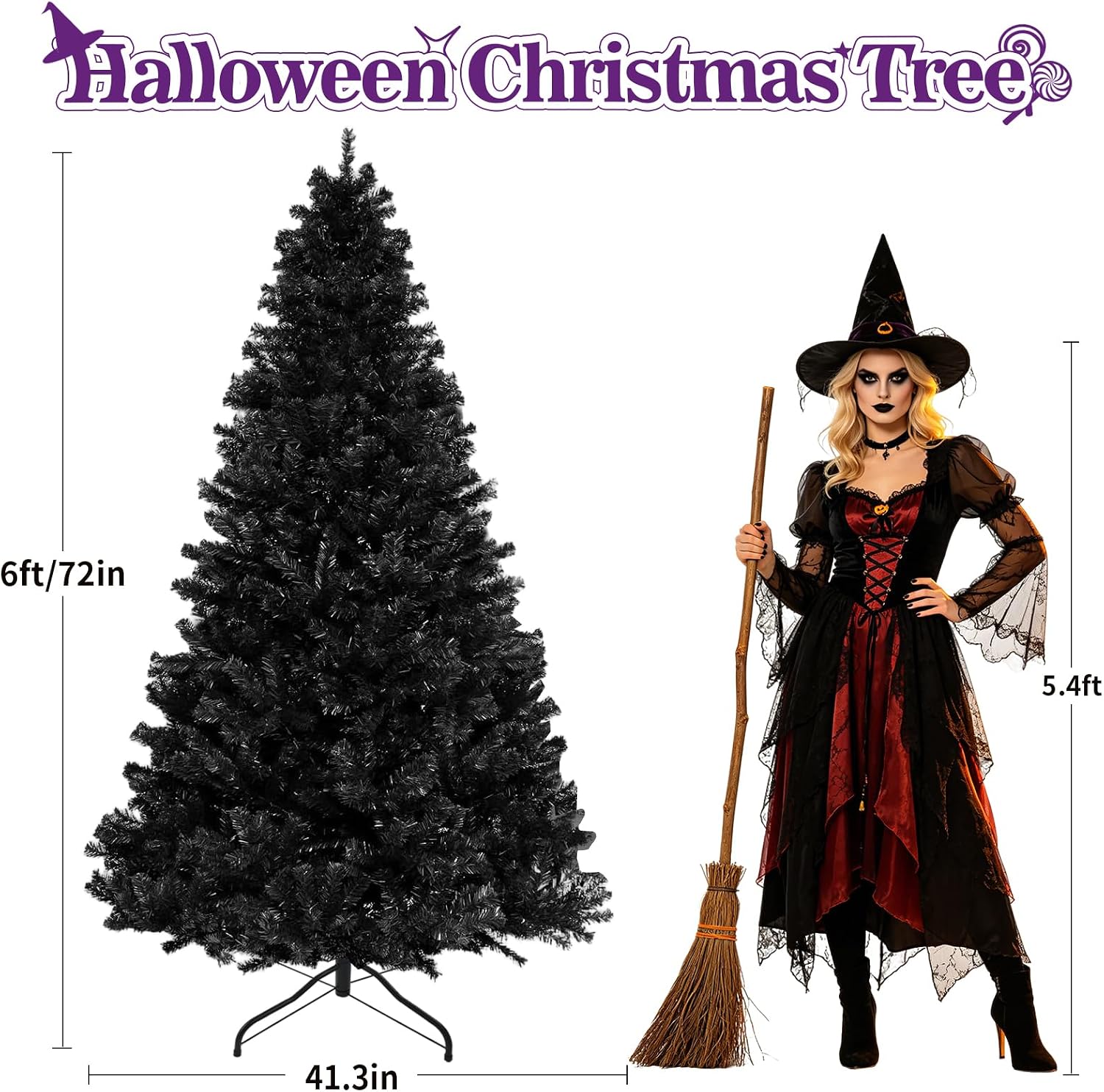 6ft Black Christmas Tree, Pre-Lit with 300 Purple LED Lights | Artificial Xmas Tree, Hinged Branches, Metal Stand, Halloween & Gothic Home Decor
