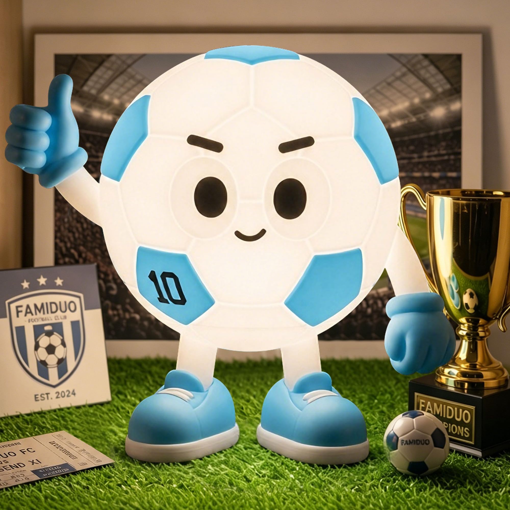 FAMIDUO Luz de Noche Fútbol para Niños, Lámpara Infantil de Silicona con Diseño de Niño Futbolista N.º 10, Luz Cálida y RGB Regulable, Temporizador 15/30/60 min, Regalo Original para Niños y Fans