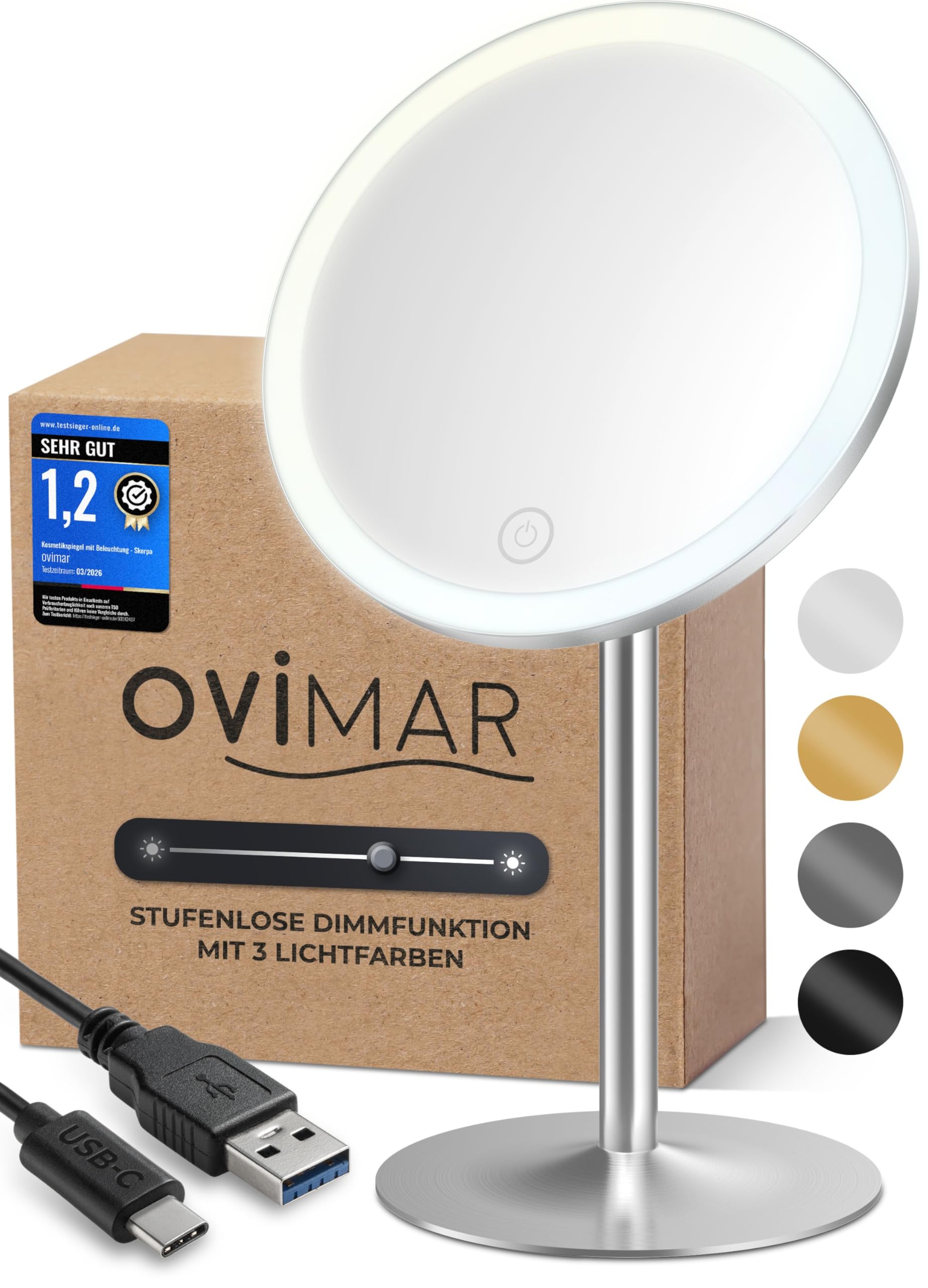 ovimar Specchio cosmetico Bogo argento | con illuminazione | ricaricabile | indipendente | nel bagno | Specchio ingranditore 5x | Specchio per il trucco con luce | Specchio a 360 gradi