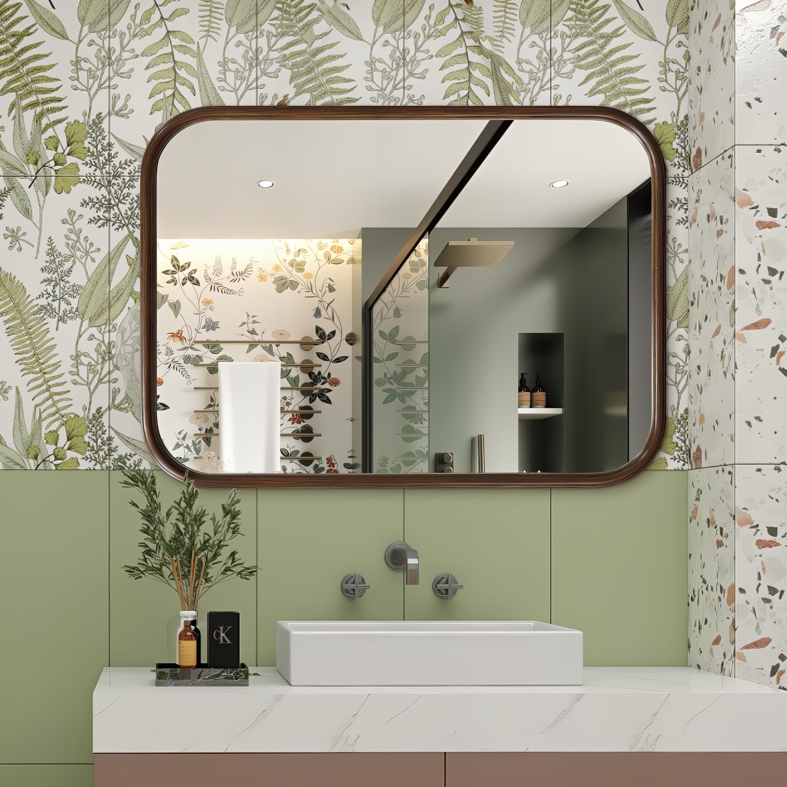 Wood Bathroom Mirror for Wall Mounted, 23.5"x31.5" Farmhouse Rounded Corner Rectangle Rustic Wall Mirror, Decorative Bathroom Vanity Mirror for Home Decor, Horizontal/Vertical, Walnut