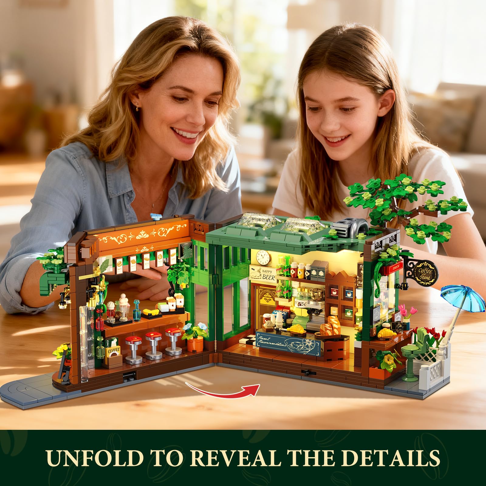 INSOON City Street - Set da costruzione per casa da caffè con luci, 1493 pezzi, stile retrò, con design apribile, modello per caffetteria, decorazione domestica, regalo per adulti, donne, adolescenti