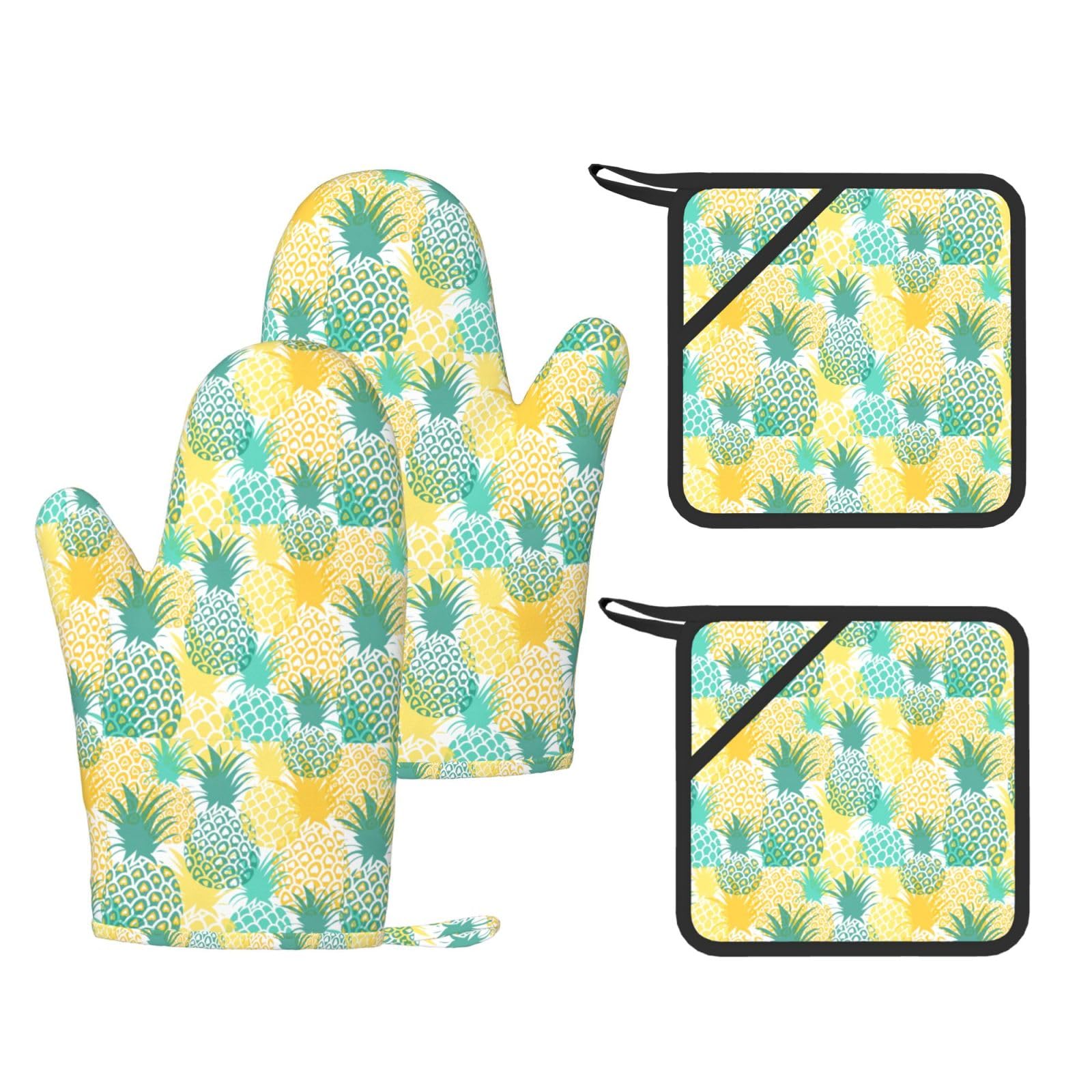 Nimongt Black Tropical Pineapple Print Heat Resistant Gloves Pads Reusable Kitchen Set Oven Baking Grilling Cooking