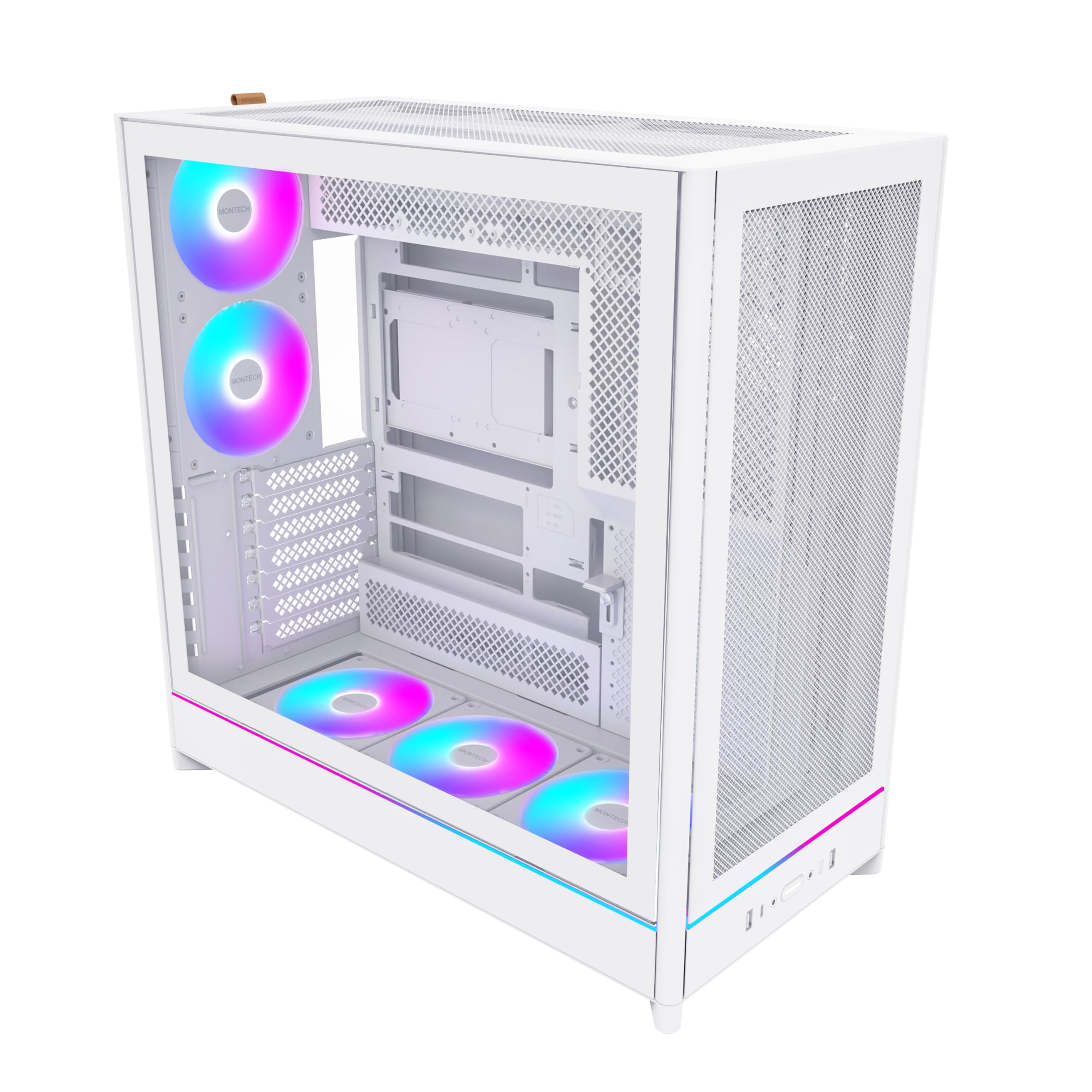 MONTECH HS01 Pro, ATX Mid-Tower PC Case, Gaming PC, High-Airflow, Reversible Layout, Mesh Front Panel, 5X ARGB PWM Fan Pre-Installed, Sink-in Design, Toolless Panels, White