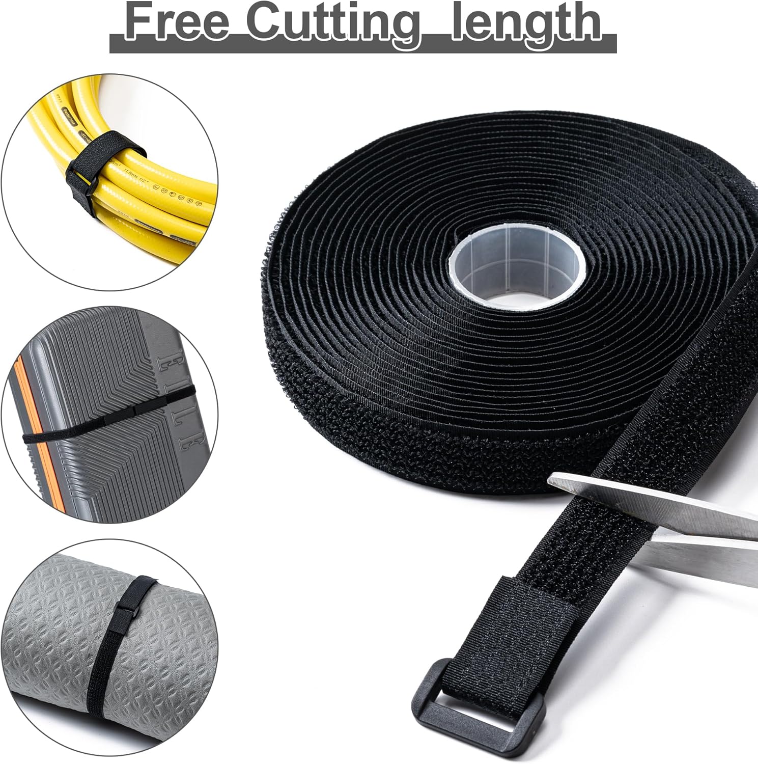 1" x32Ft Hook and Loop Straps with 50 Plastic Buckles, Adjustable Fastening Cable Straps, Free Cut Length, Reusable Nylon Cable Ties for Organizer or Storage, Black