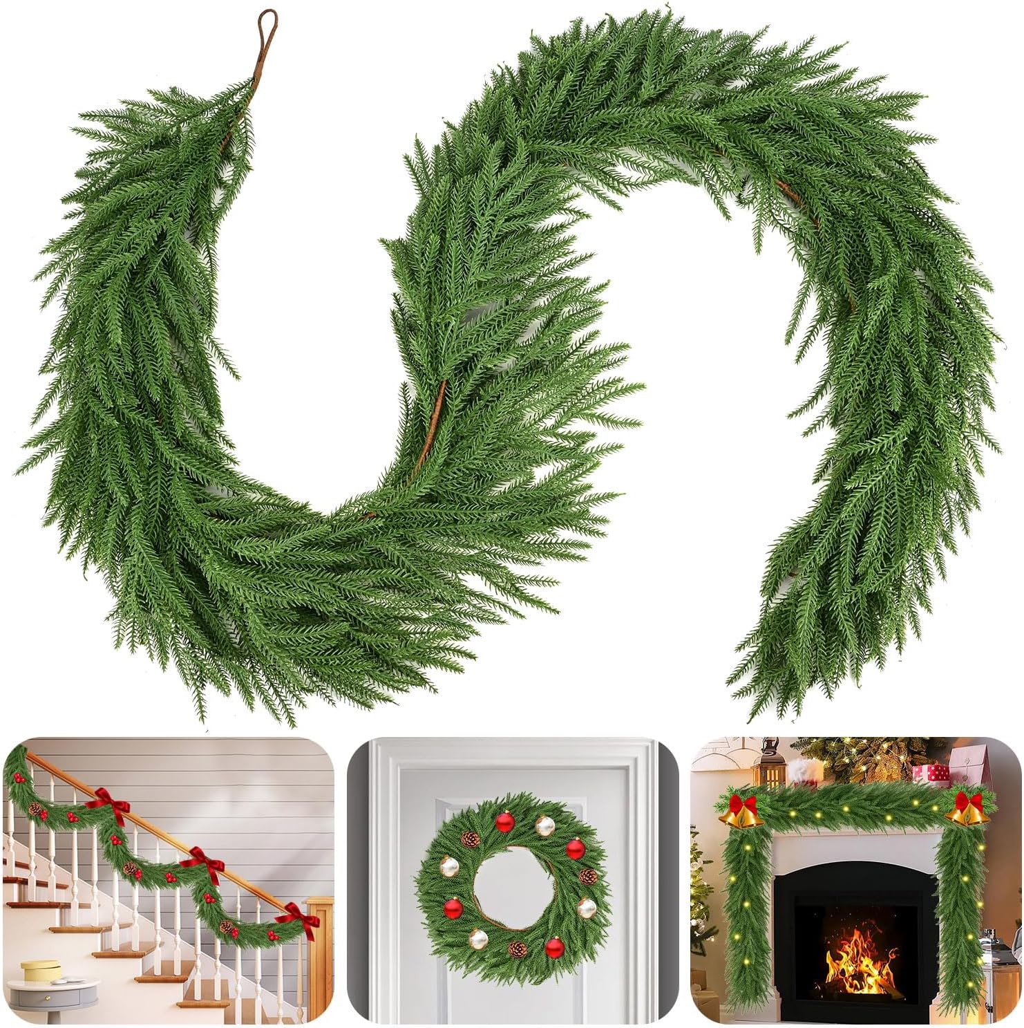 9 Ft Norfolk Pine Garlands,Artificial Christmas Real Touch Greenery Garland Realistic Faux for Mantle,Table,Sairs,Wall, Indoor,Outdoor Holiday Christmas Decorations Xmas-Green