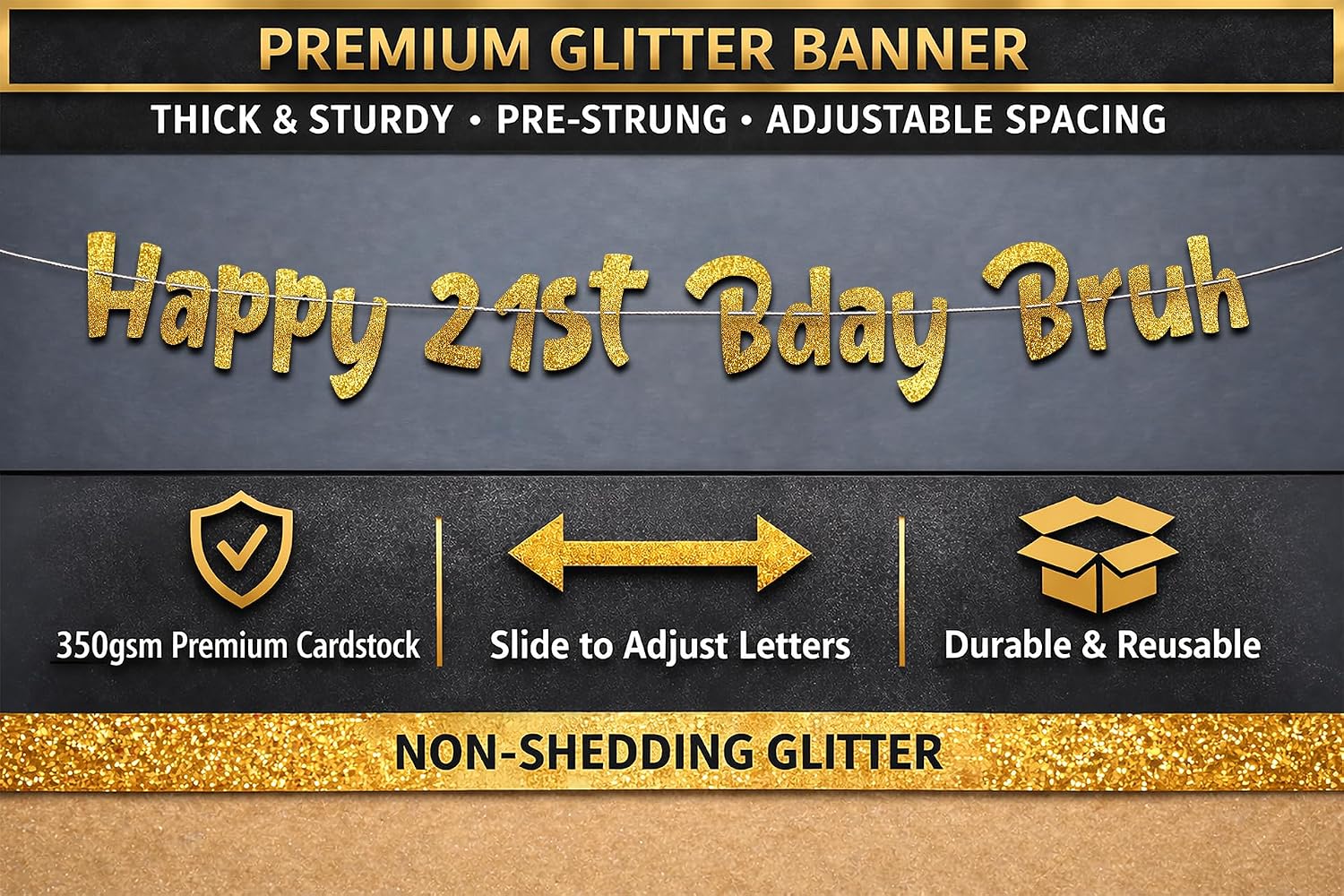 Pre-Strung Happy 21st Bday Bruh Gold Glitter Banner - Funny 21st Birthday Decorations for Teen Boys and Girls - Birthday Party Supplies and Gifts