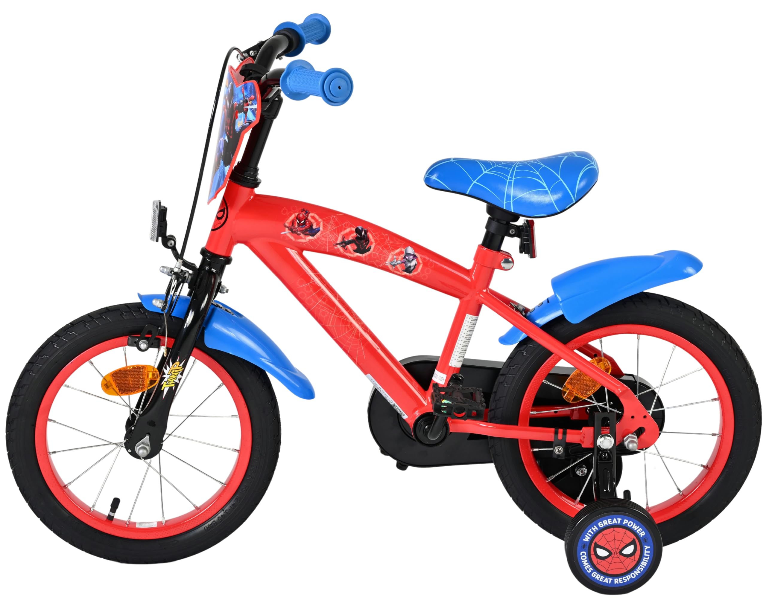 Volare Spider-Man Kinderfahrrad 14 Zoll | 3,5–5 Jahre | Hand- & Rücktrittbremse, Stützräder, Kettenschutz, Reflektoren | Verstellbarer Sattel | Geschenk für Jungen & Mädchen