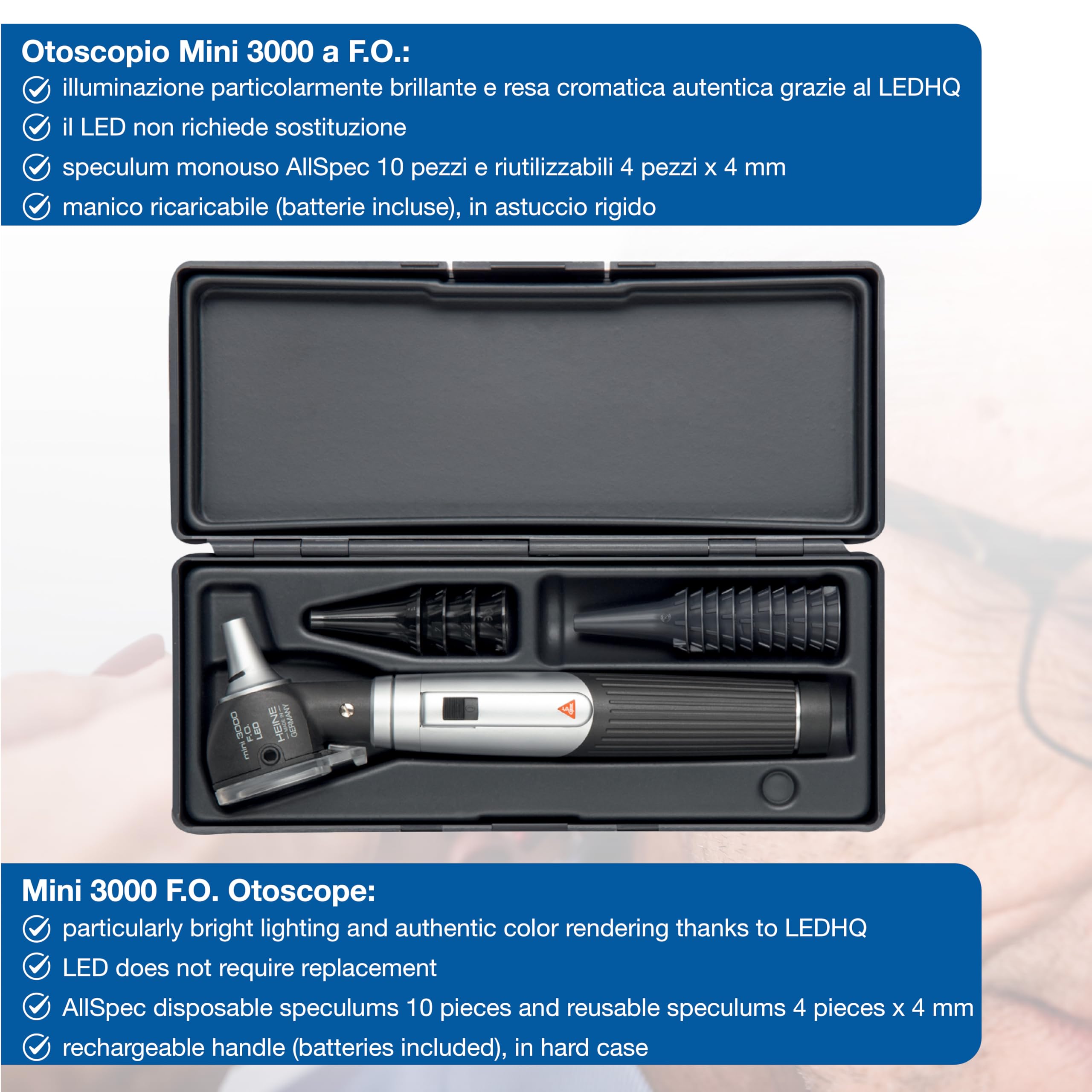 Heine Mini 3000 Otoscope F.O. LED, noir, avec étui