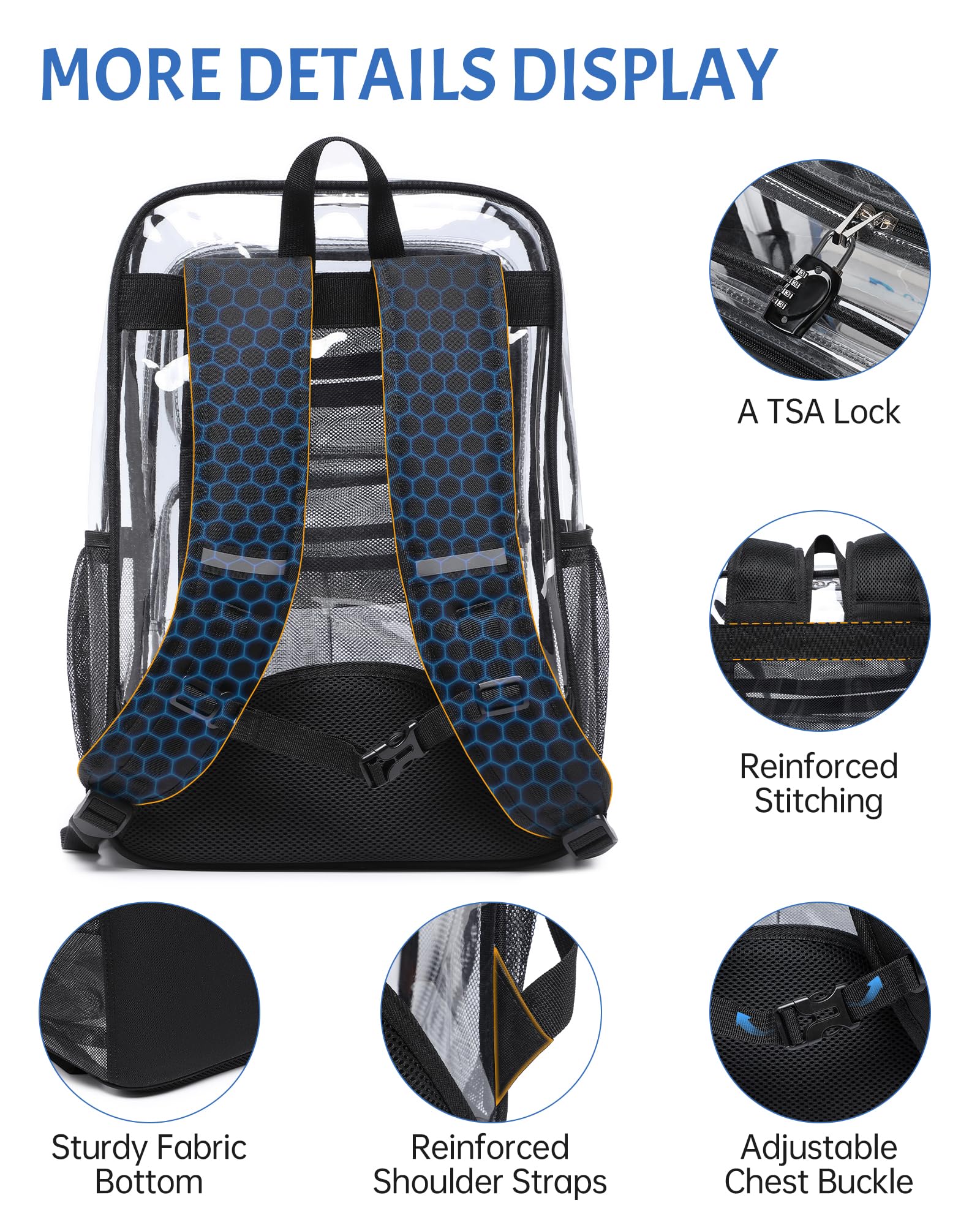 BAVERGE Transparenter Rucksack, strapazierfähig, 45,7 cm, extra große Büchertasche, 3 Vordertaschen und Schloss, für Stadionveranstaltungen, Reisen, Arbeit, Schwarz