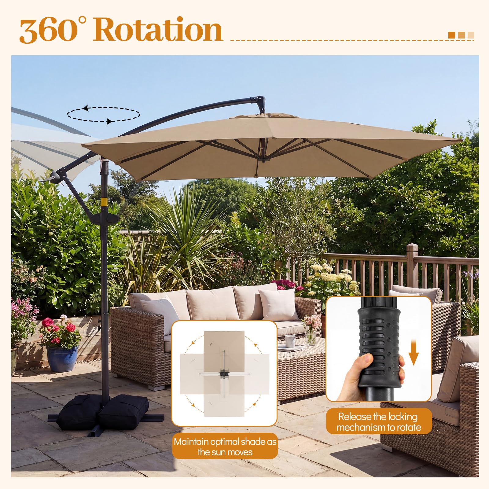 Tangkula 8x8 FT Patio Umbrella with Base Included, Square Offset Cantilever Outdoor Umbrella with 360 Degree Rotation, Crank Handle, Sandbags, 8 Ribs for Pool Deck Garden Backyard : Patio, Lawn & Garden