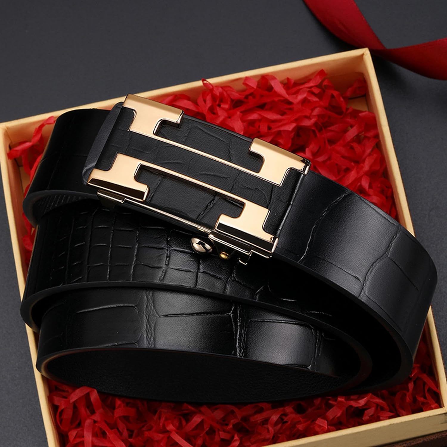 Men's Belt Leather Click Groove Belt Crocodile Designer Dress Casual 32" to 40" Waist Adjustable H-black image 2 of 7 B0F7M219LD