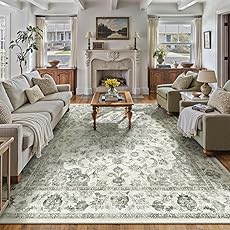 Sage Green Area Rug 9x12 Living Room Washable Carpet Vintage Distressed Non Slip Bedroom Carpet Neutral Low Pile Retro Floral Farmhouse Large Rug Home Office Dining Room Playroom