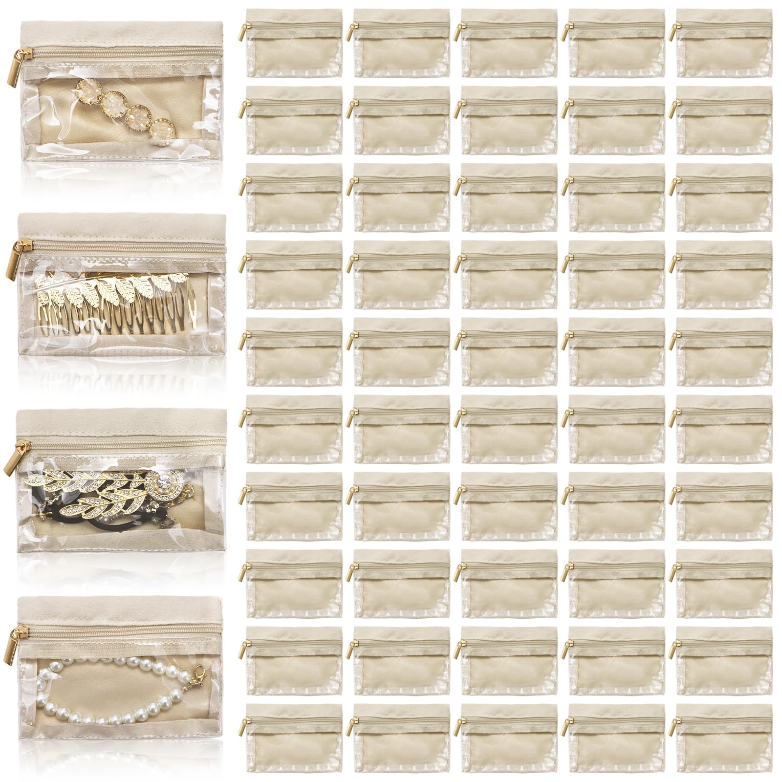 Acshio 50 Pieces Travel Jewelry Bags, Clear Jewelry Pouch Bag with Zipper, Portable Velvet Earring Storage Necklace Organizer for Women Gift, Rings, Bracelets, Beige