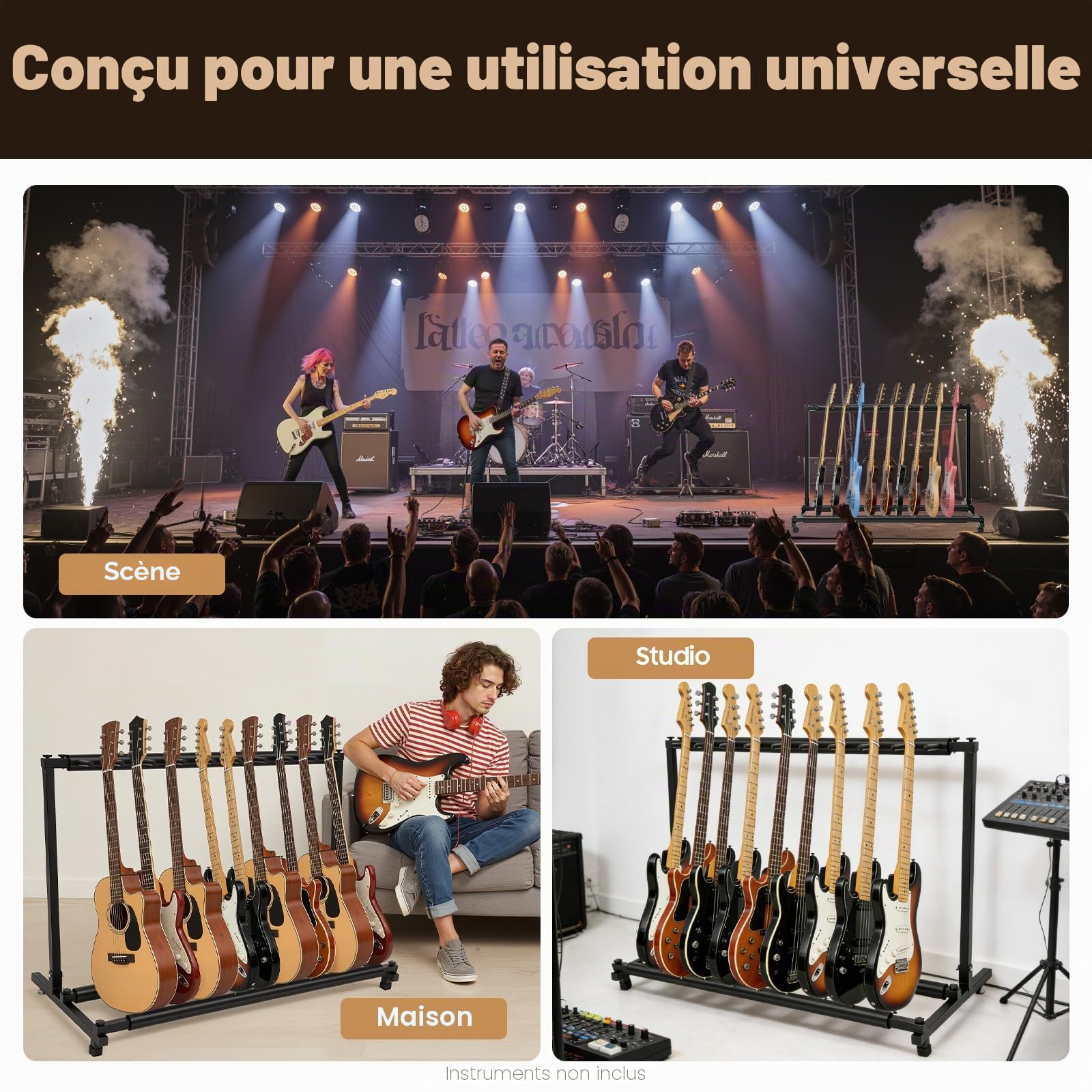 Support de guitare acoustique à 9 positions en bois - Pour guitare de concert - Support de guitare électrique multi-places - Support pour cinq guitares