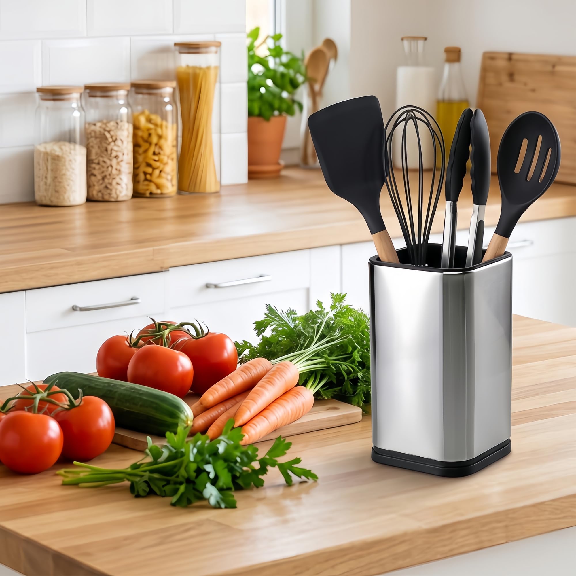 VonShef Porte-ustensiles de Cuisine en Acier Inoxydable - Pot à ustensiles de Cuisine à Base Extra-Large de 18 cm avec Finition en Acier satiné - Facile à Nettoyer