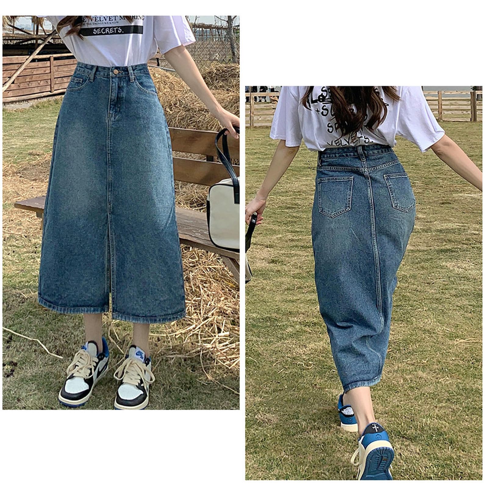 Gonna Lunga Donna Gonna Lunga da Donna Gonna Blu con Spacco Laterale A Vita Alta Gonna Aderente in Denim Gonna Midi in Denim da Donna con Spacco