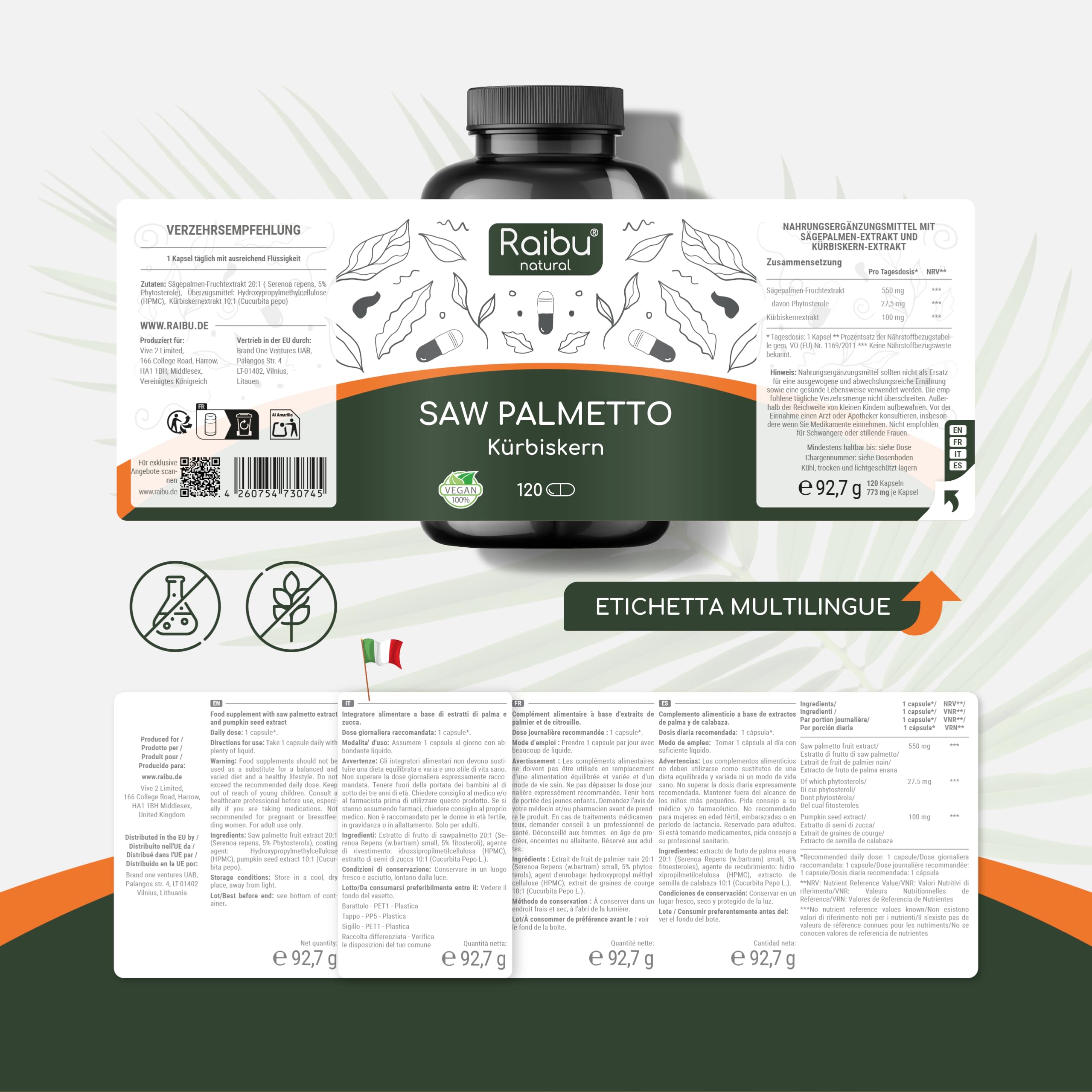 Serenoa Repens - 1100 mg Integratore per la Prostata Uomo, Estratto 20:1 di Saw Palmetto (Serenoa Repens) con Semi di Zucca - 120 Capsule Vegane, Senza Additivi - Raibu