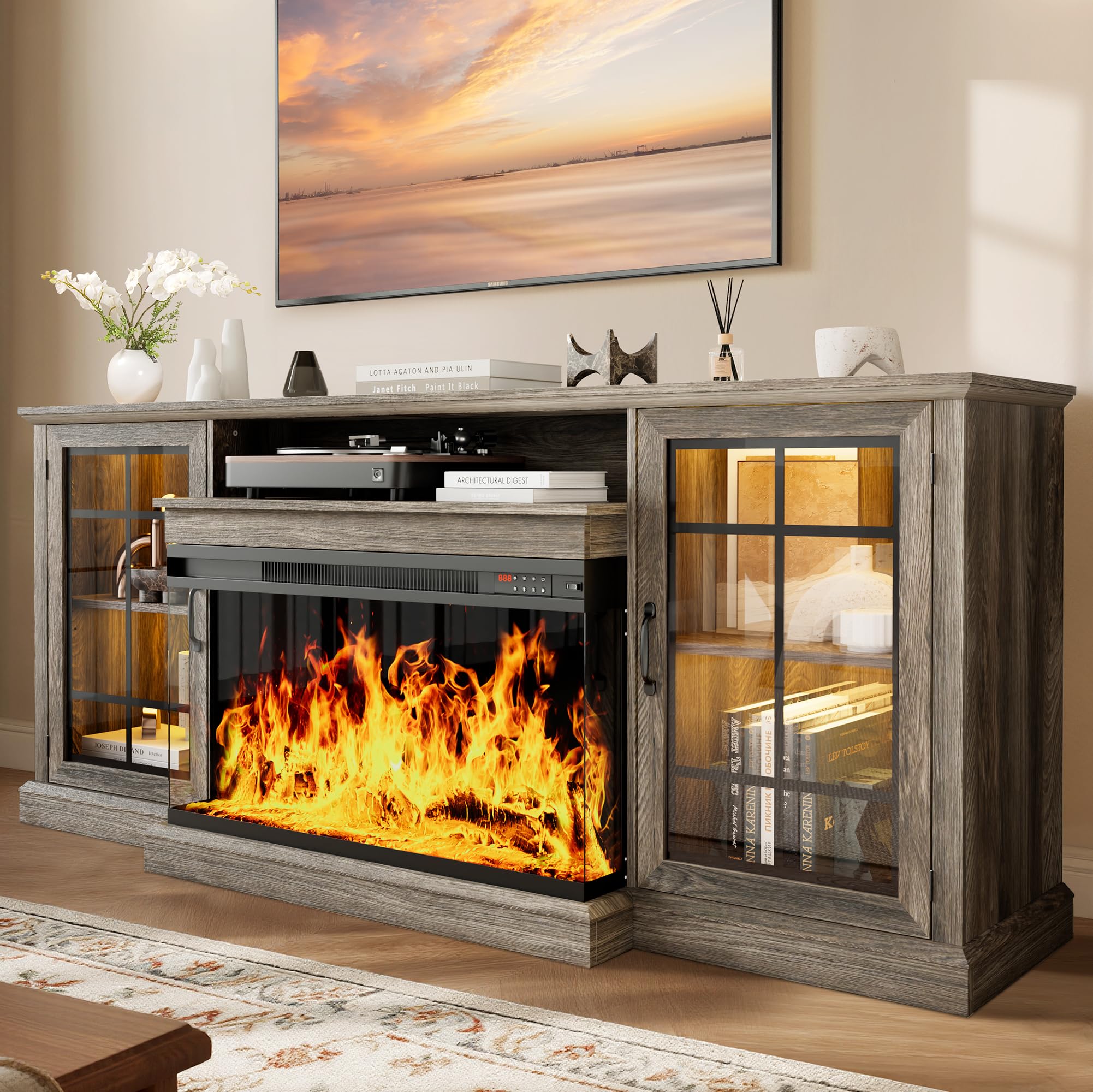 Amazon.com: oneinmil 80'' Fireplace TV Stand with 3-Sided Glass