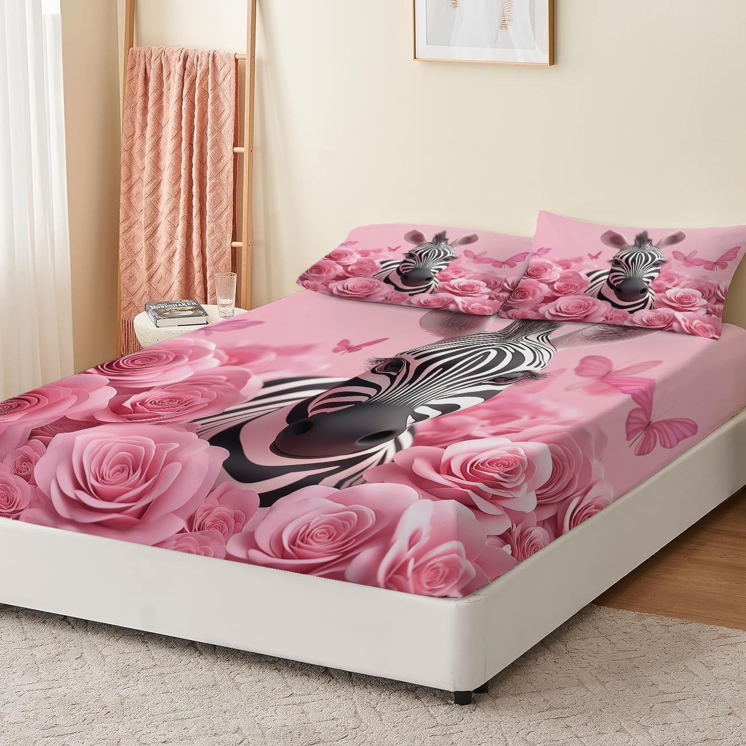 Lenzuolo con angoli 160 x 200 cm Simpatica rosa zebrata Biancheria da letto 3 pezzi con angoli stampati Rosa Lenzuolo Lenzuolo con angoli extra profondo con federe