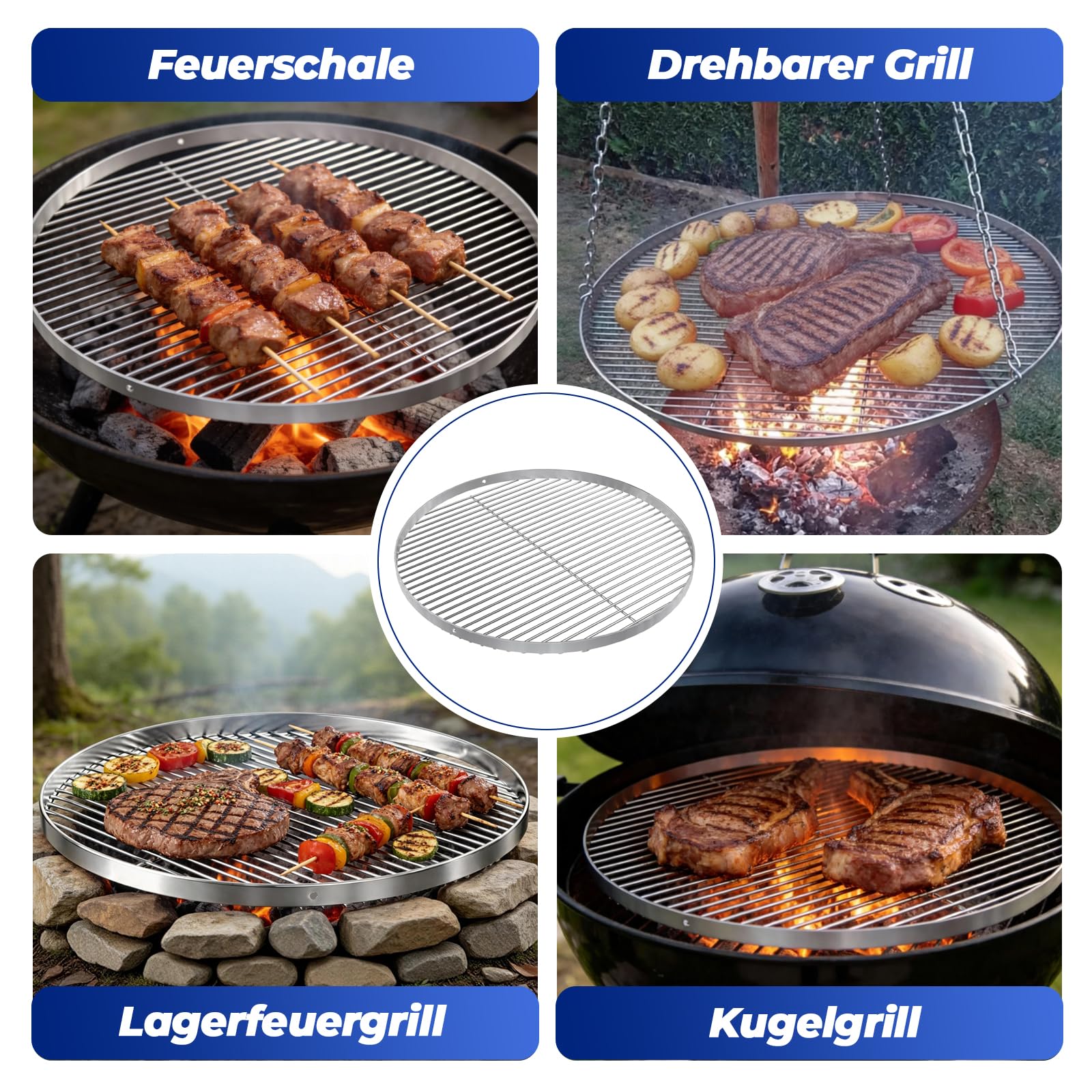 Edelstahl Grillrost Rund 60 cm 304 mit Aufhängungsbohrungen für Weber Kugelgrill 57cm