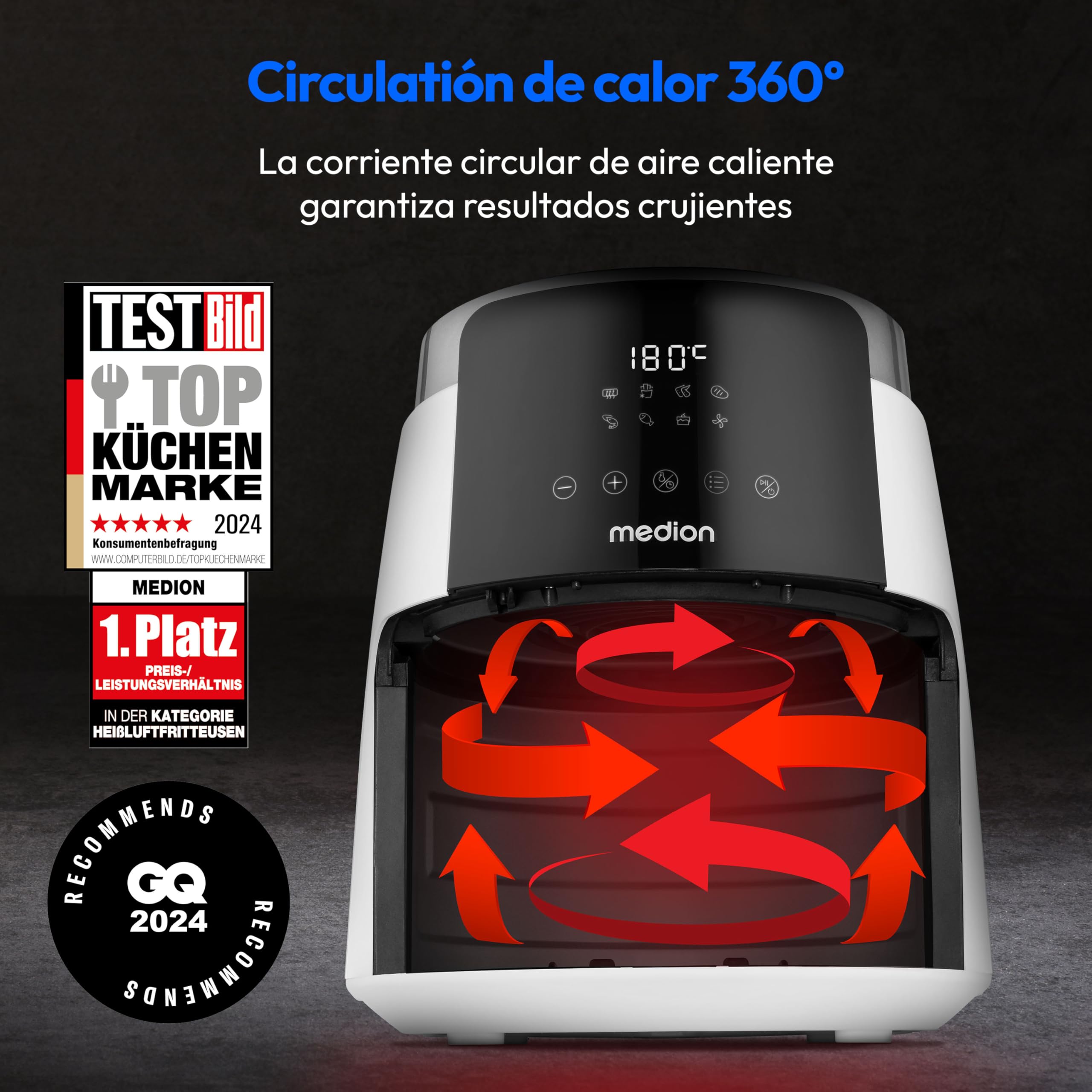 MEDION Freidora de aire caliente P40 L (4,7 litros, 1500 vatios, fácil manejo, freír sin aceite, temporizador de 60 minutos, hasta 200° C, revestimiento antiadherente, MD13030) blanco