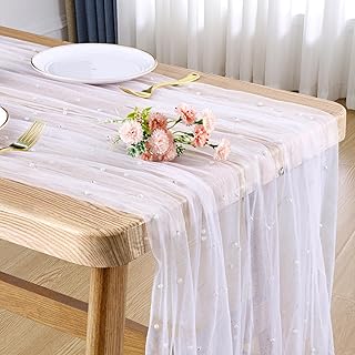 Pearl Table Runner 30 x 120 Inch Wedding Table Decor White Tulle Fabric Lace Dessert Table Cloth Veil Arch Bridal Shower Decorations Tablecloth for Baby Shower Party (White, 30x120 inch-1 Pc)