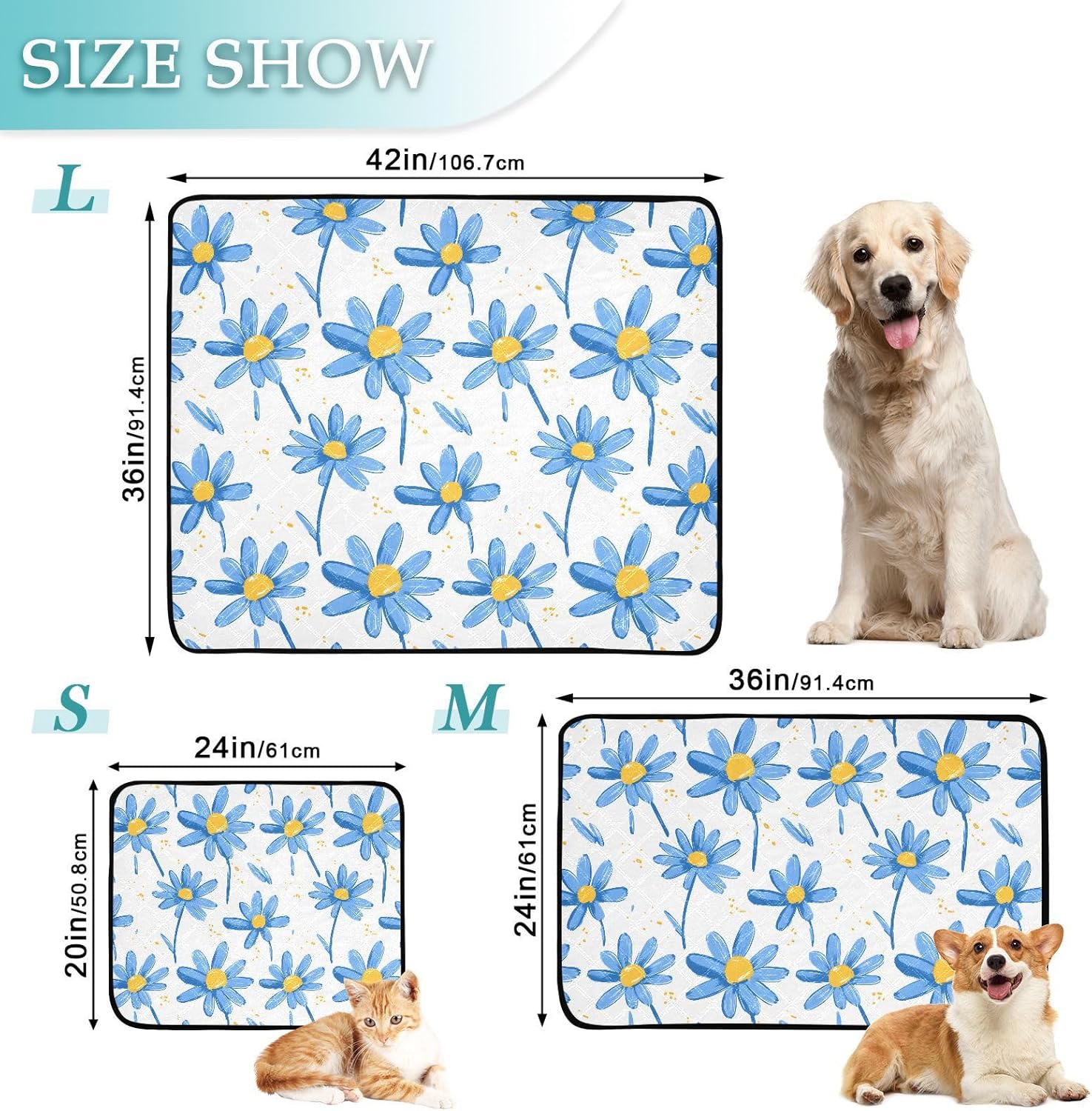 Blue Daisy Flower Pet Mat Reusable Feeding Mats for Food and Water Non-Slip Pee Pads for Dogs Cats 2 Packs