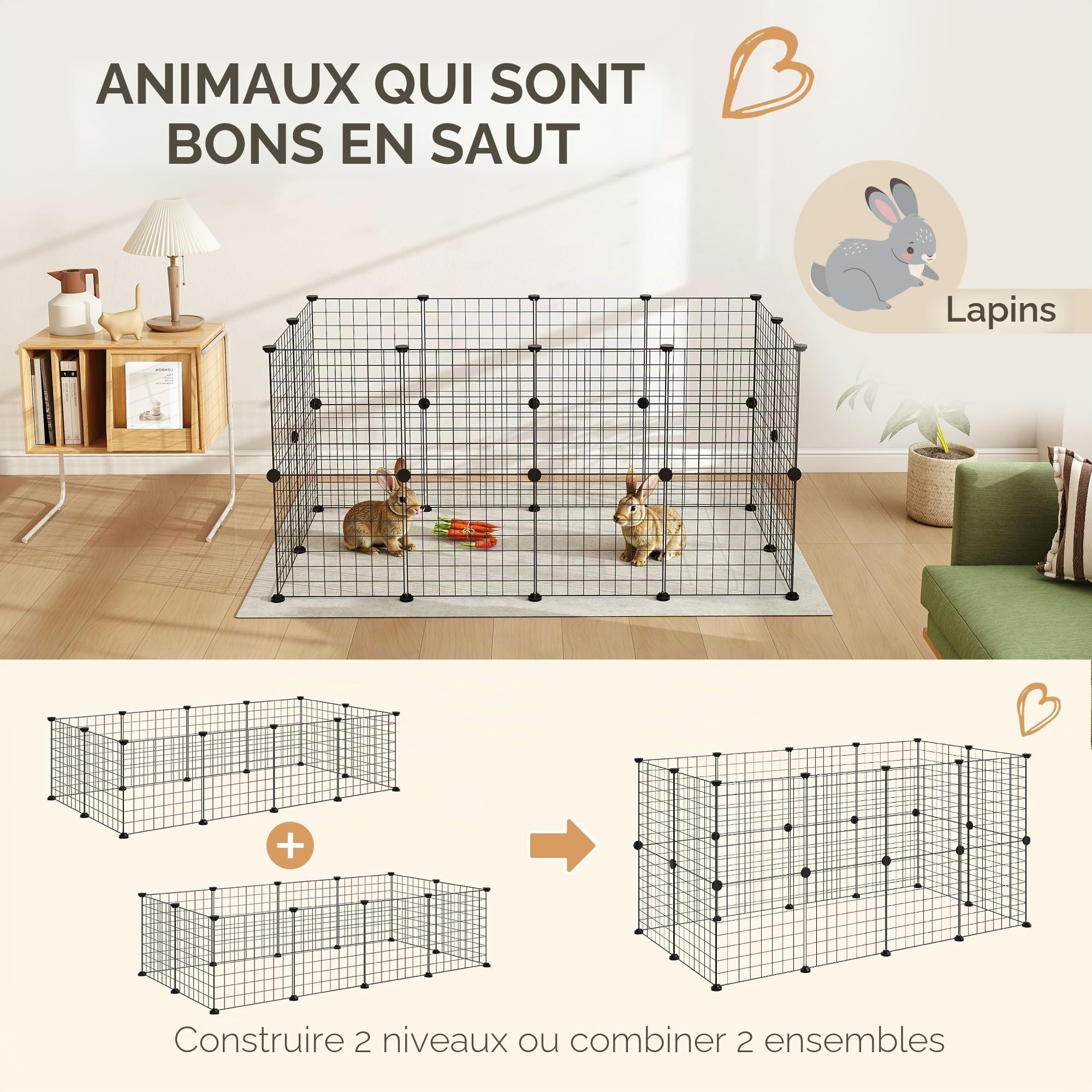 Pawhut Clôture métallique pour Animaux de Compagnie avec 12 Panneaux Parc métallique pour Petits Animaux Amovible Design Bricolage Noir 106 x 73 x 36 cm
