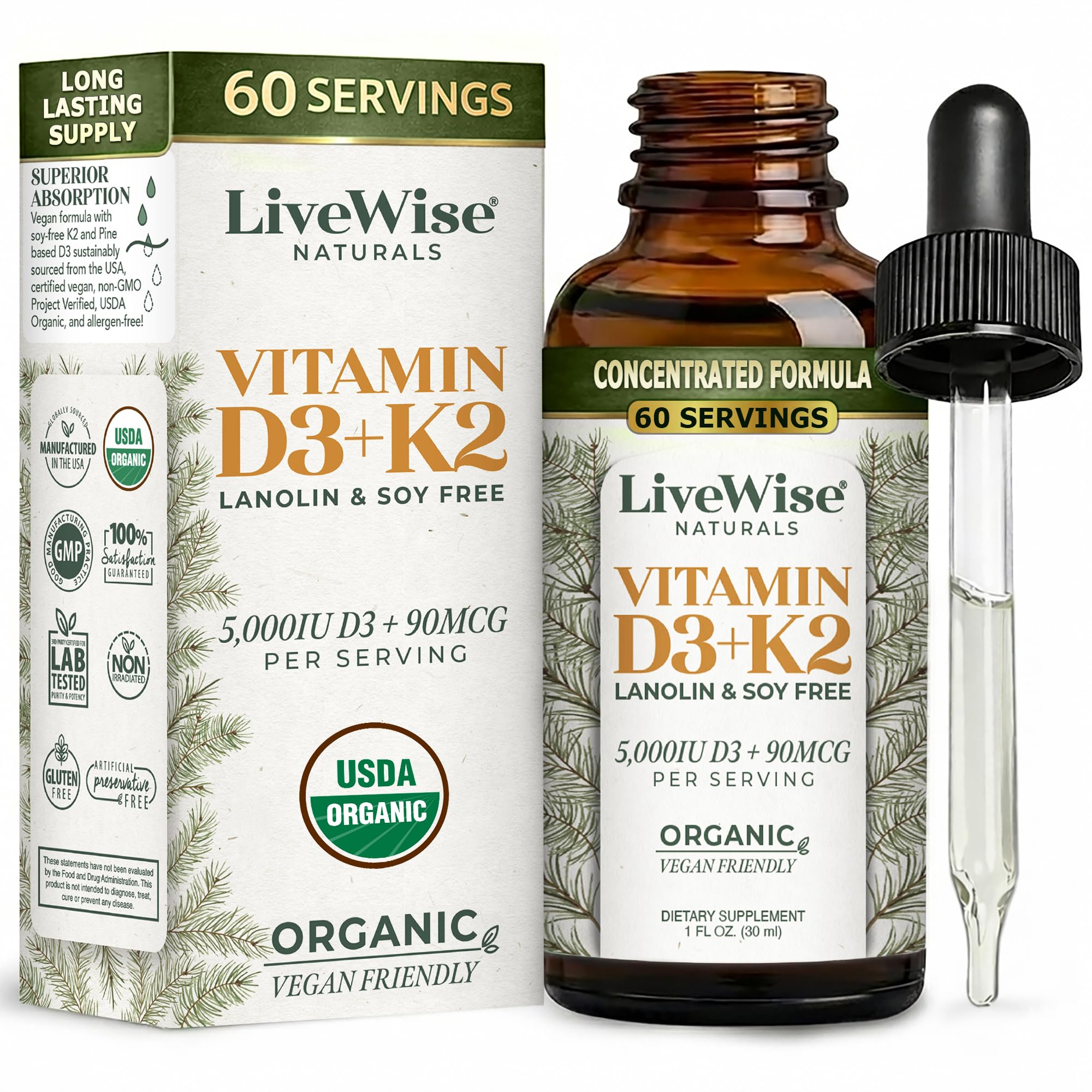 Amazon.com: Live Wise Naturals Vegan D3 K2 Vitamin 5000 IU, 90 MCG