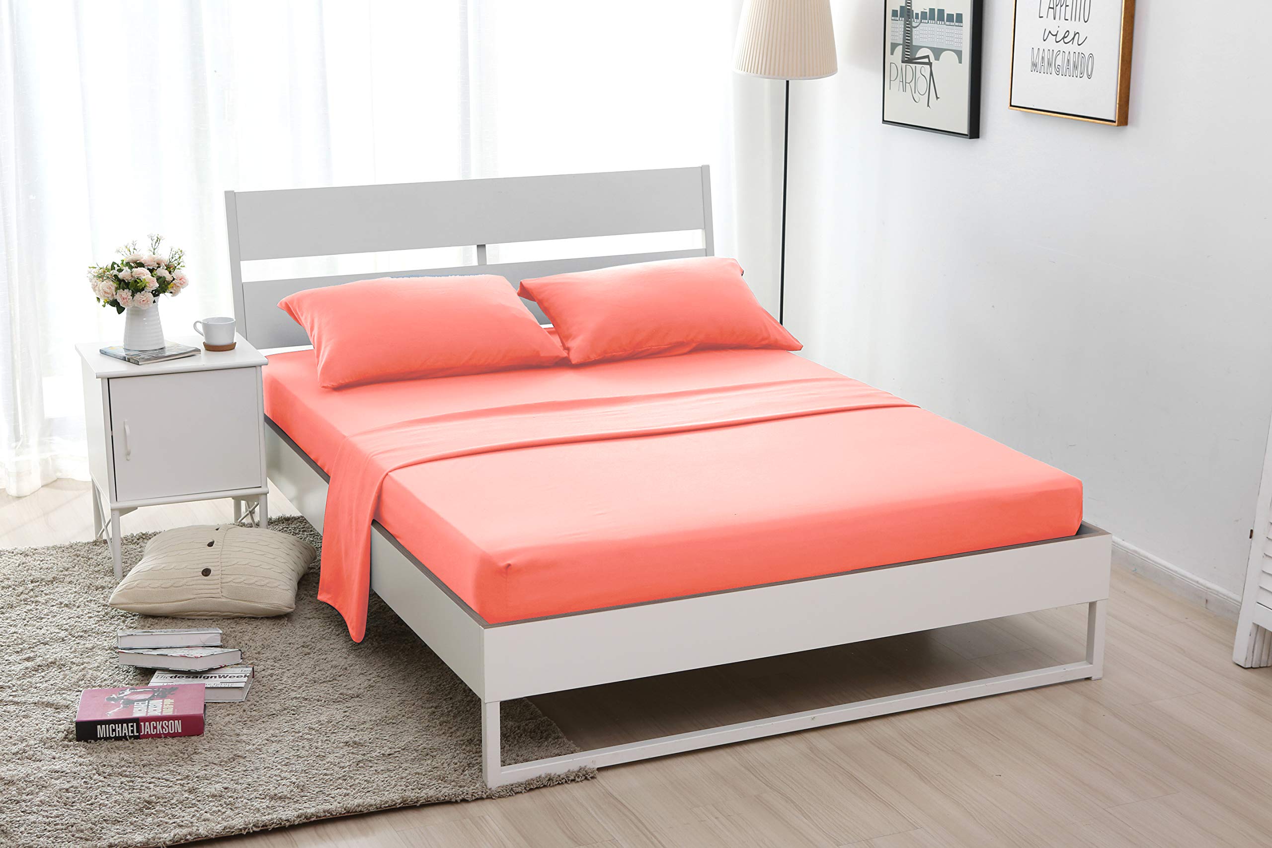 ALPHA HOME 4-Piece Bed Sheet Set - Soft Brushed Microfiber - Wrinkle, Fade, Stain Resistant - Queen, Coral
