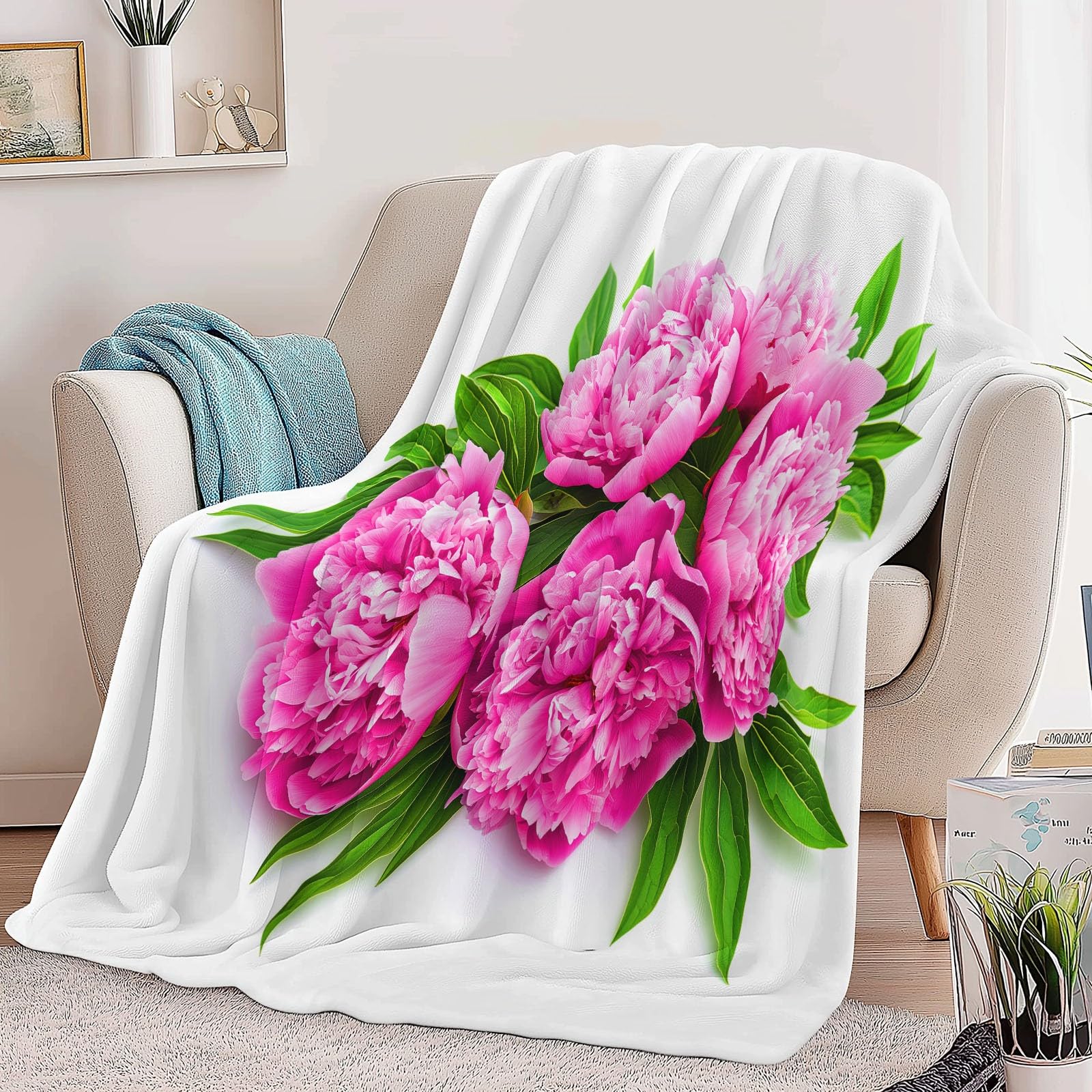 Miękki biały koc sherpa 220 x 240 cm, dla dzieci i dorosłych, akwarela, piwonia, kwiaty, liście, flanelowa pościel, hipoalergiczny, ciepły, nadaje się do prania, na sofę, krzesło, do salonu, 220 x 240