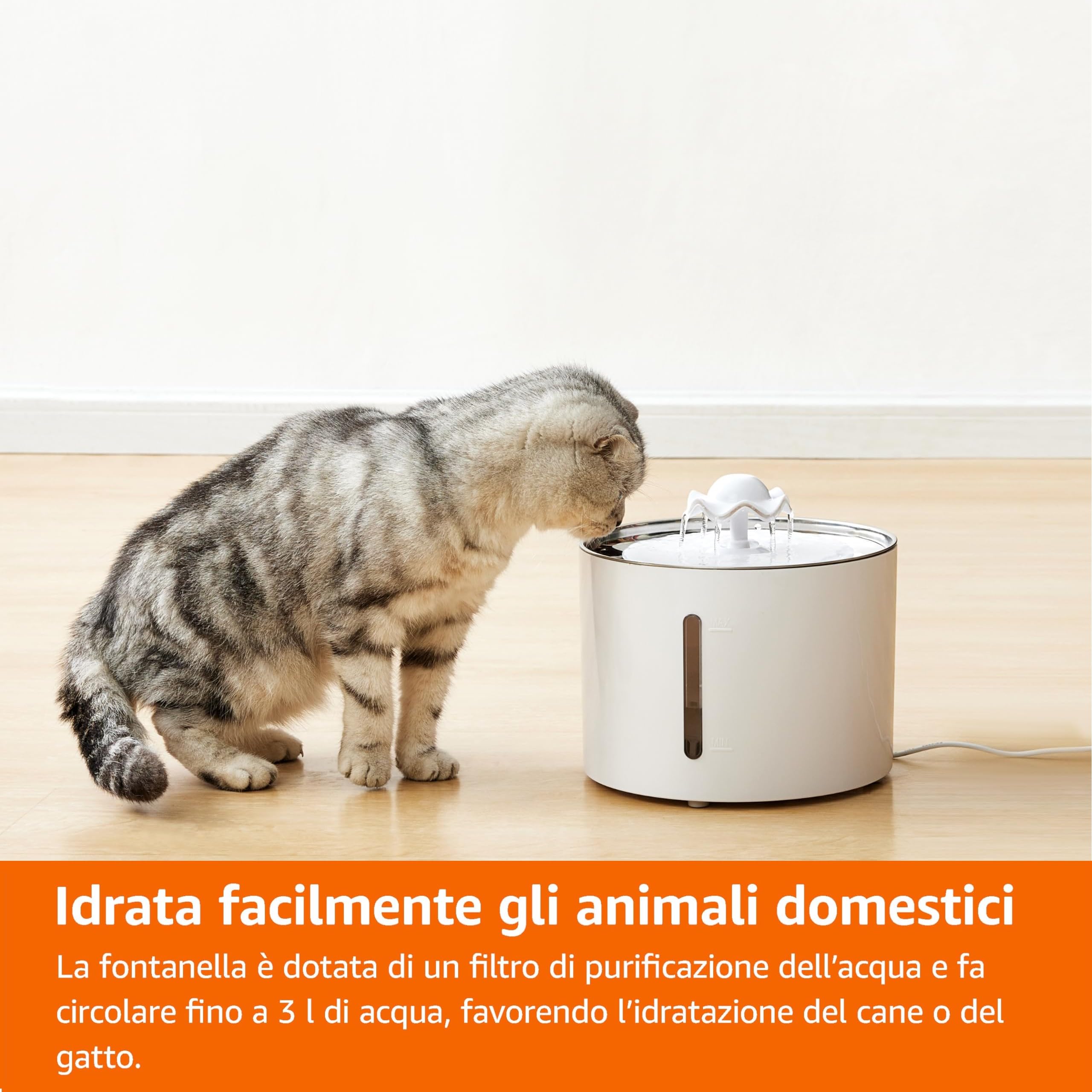 Amazon Basics Fontana d'acqua per gatti in acciaio inossidabile con 3 filtri, 3 L, Bianco