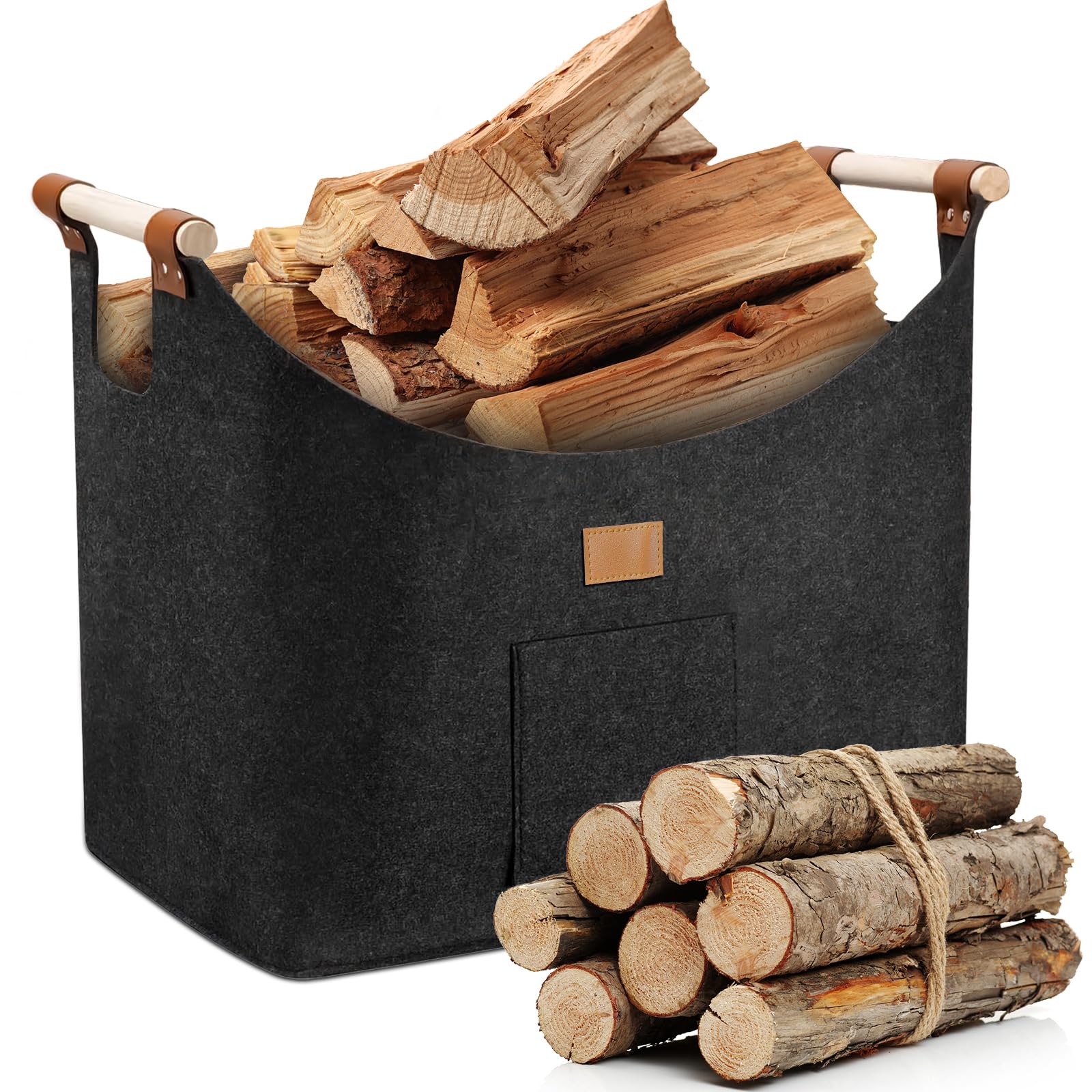 Cesta de Leña, 96L Cesta para Leña de Chimenea, Plegable Bolsa de Fieltro para Leñas, Cesta para Leñas con Asas, 60x40x40 Cestas Leñas, Cestas de Fieltro para Leñas de Chimenea, Gris Oscuro