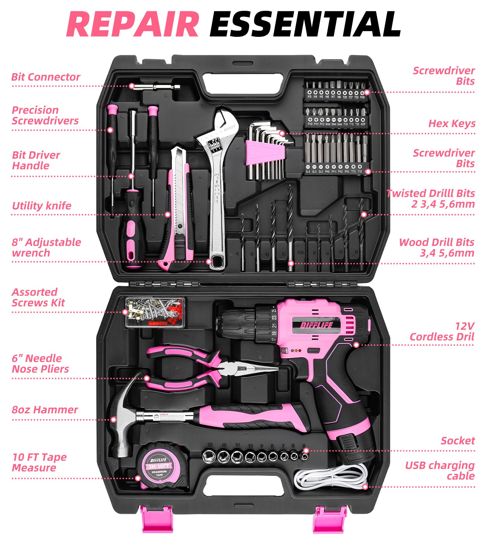 DIFFLIFE Conjunto De Ferramentas De Furadeira Elétrica Rosa Com