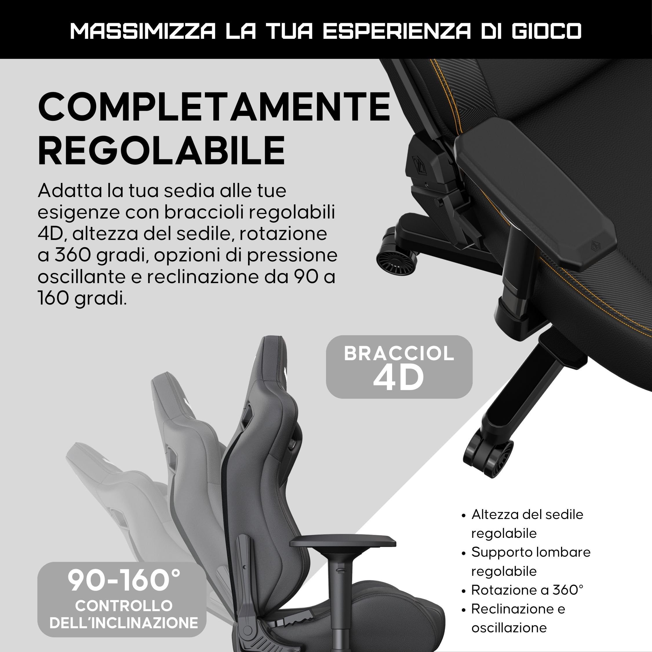 Anda Seat Kaiser 3 Large Sedia gaming Ergonomica per adulti - in Similpelle, con Supporto Lombare e Braccioli Regolabili 4D, Poltrona Gaming Reclinabile e Comode, per Ufficio o casa, Nero