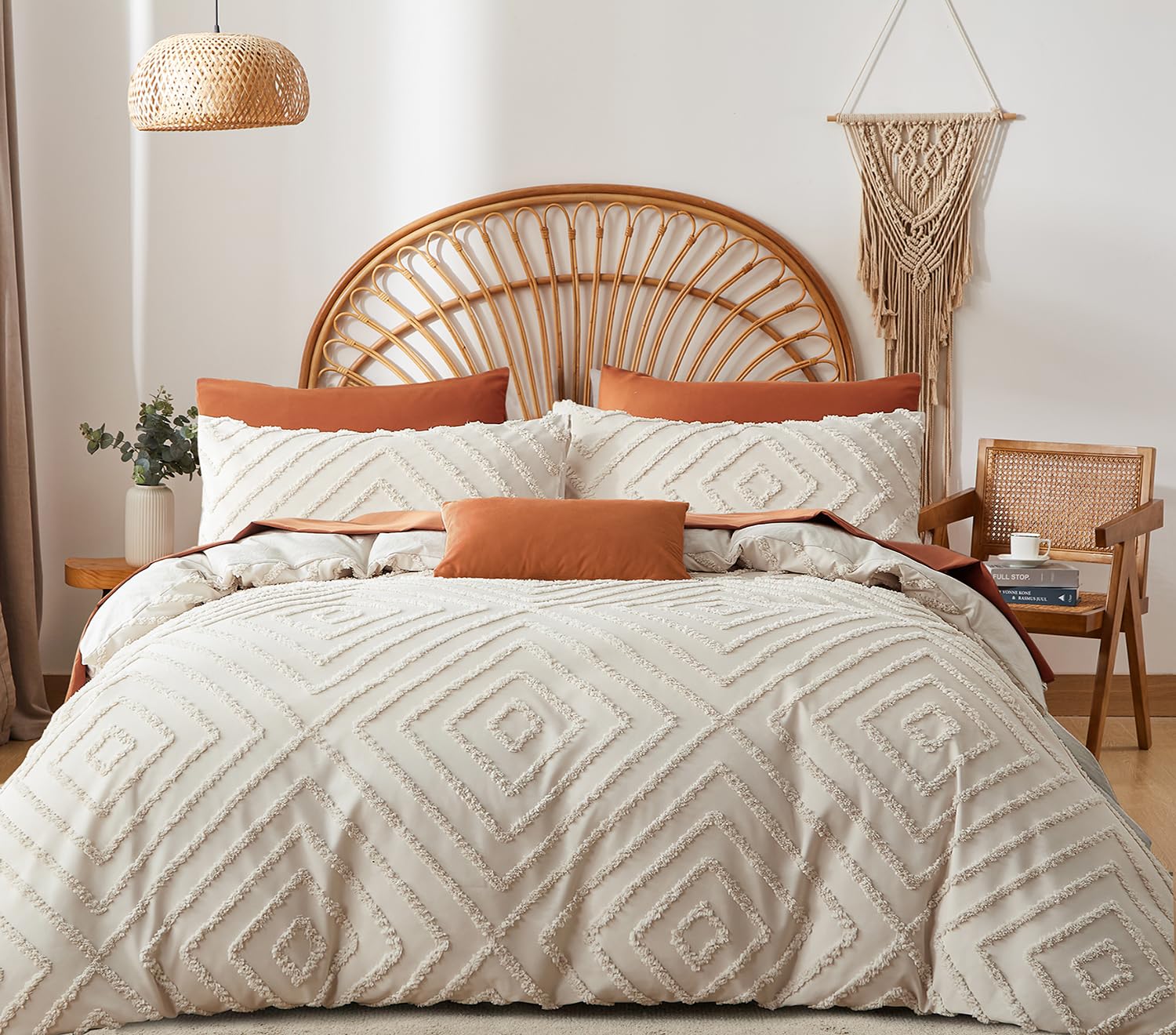 Lanqinglv Beige Bettwäsche 200x220cm Boho Getuftet Exquisite Handgefertigt Stickerei Geometrisch Chic Getuftet Vintage Bettbezug Doppelbett mit Reißverschluss und 2 Kissenbezüge 80x80cm