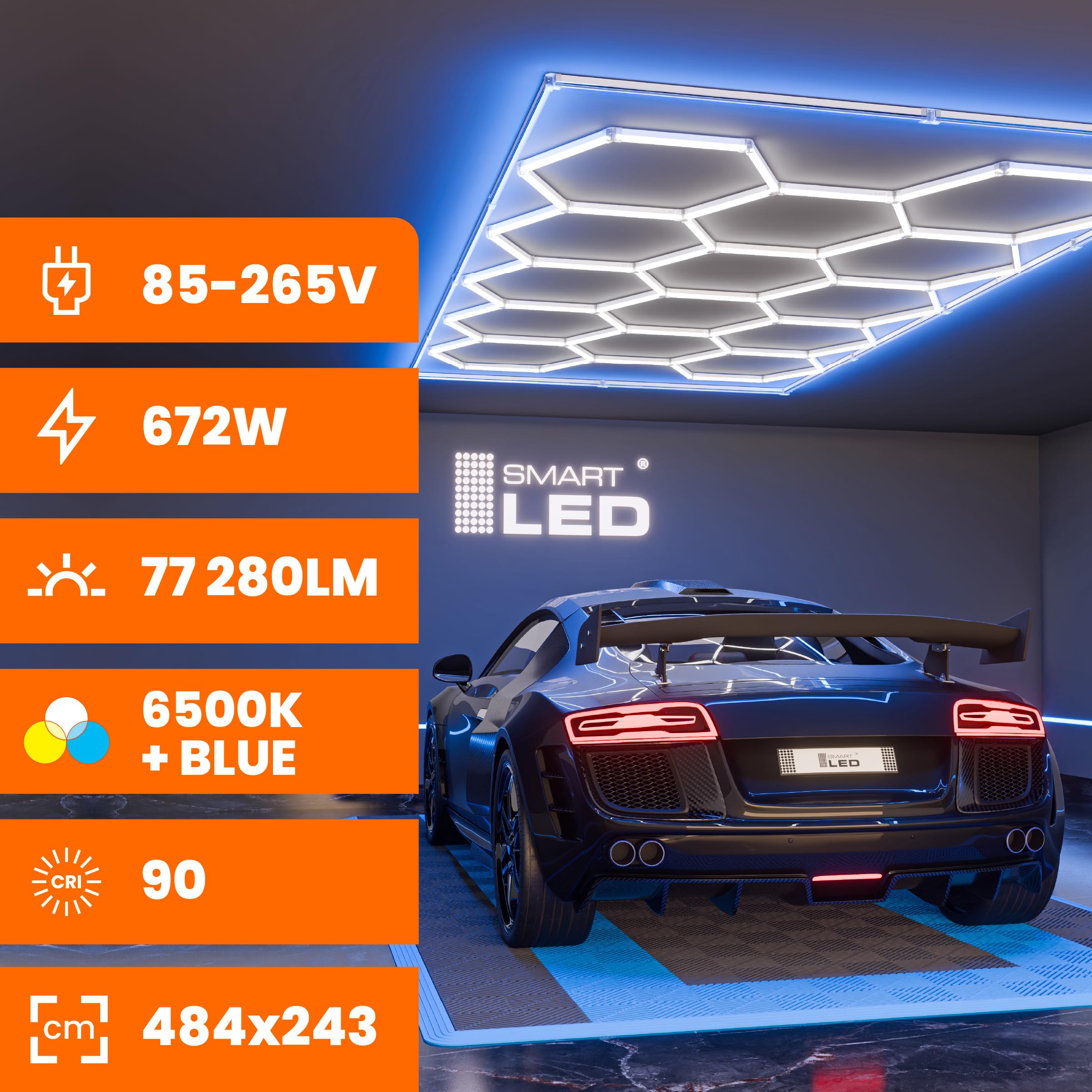 Hexagon LED Deckenlampe 484x243 cm – 64er Set Werkstattbeleuchtung 500W 57500lm – Kaltes Licht+blau – IP54 flimmerfrei – LED Garagenbeleuchtung, Tattoo, Detailing, (484x243CM, blauer Rahmen)