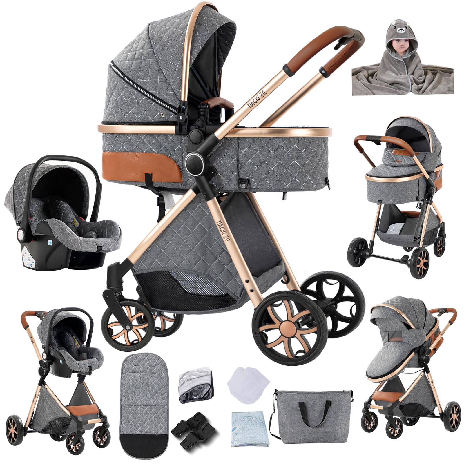 Magic ZC Passeggino Trio, Passeggino 3 in 1 con Spinta Reversibile a Due Vie, Trio Neonati con Accessori, Carrozzina per Neonati con Design Portatile Pieghevole Un Clic (YV9 Grey)