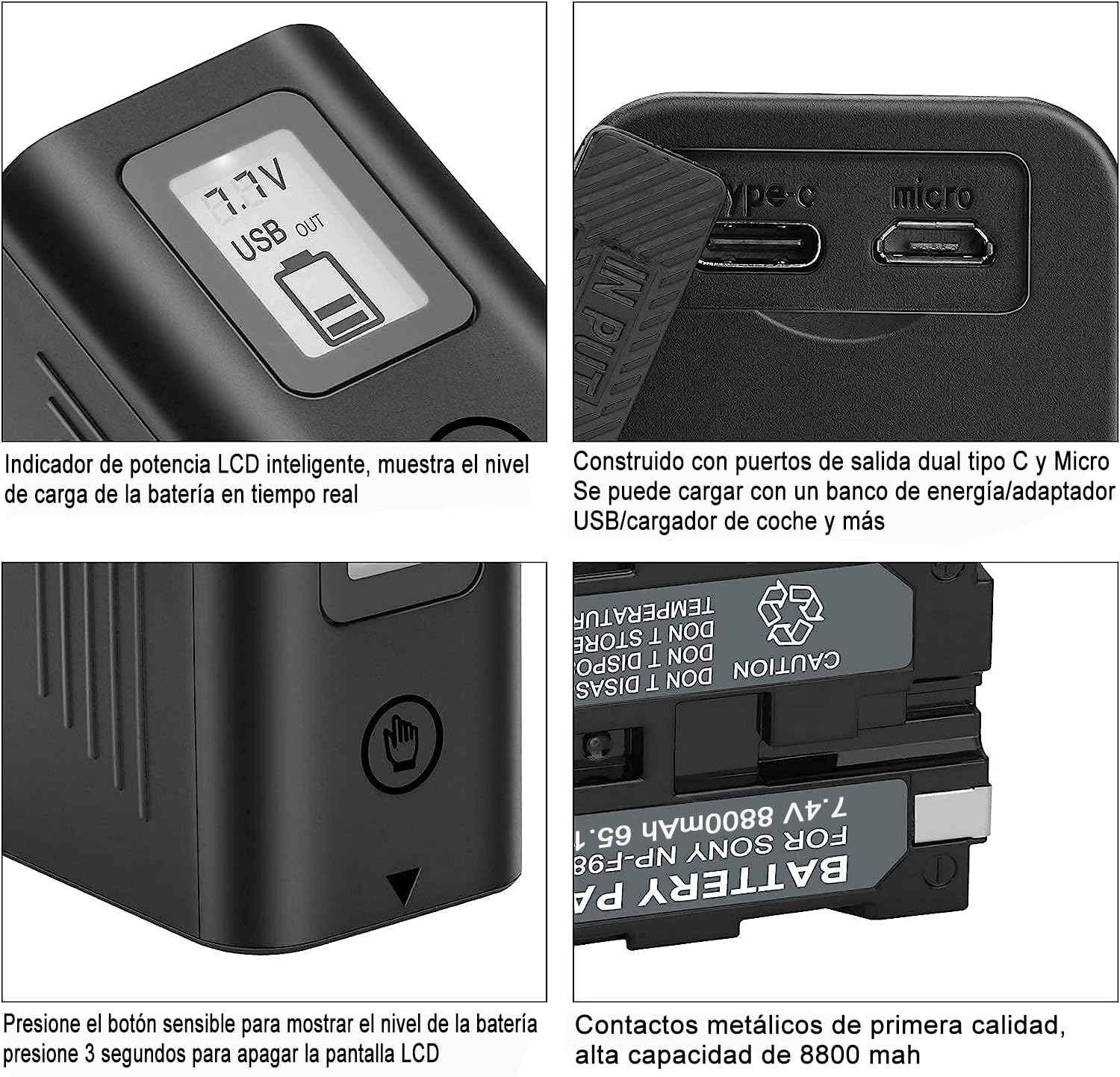 JYJZPB 2pcs 8800mAh NP-F970 Batería de Reemplazo para Sony NP-F970 NP-F960 NP-F950 F750 F770 F550 F530 F330 F570, con Pantalla LCD y Puerto de Salida USB