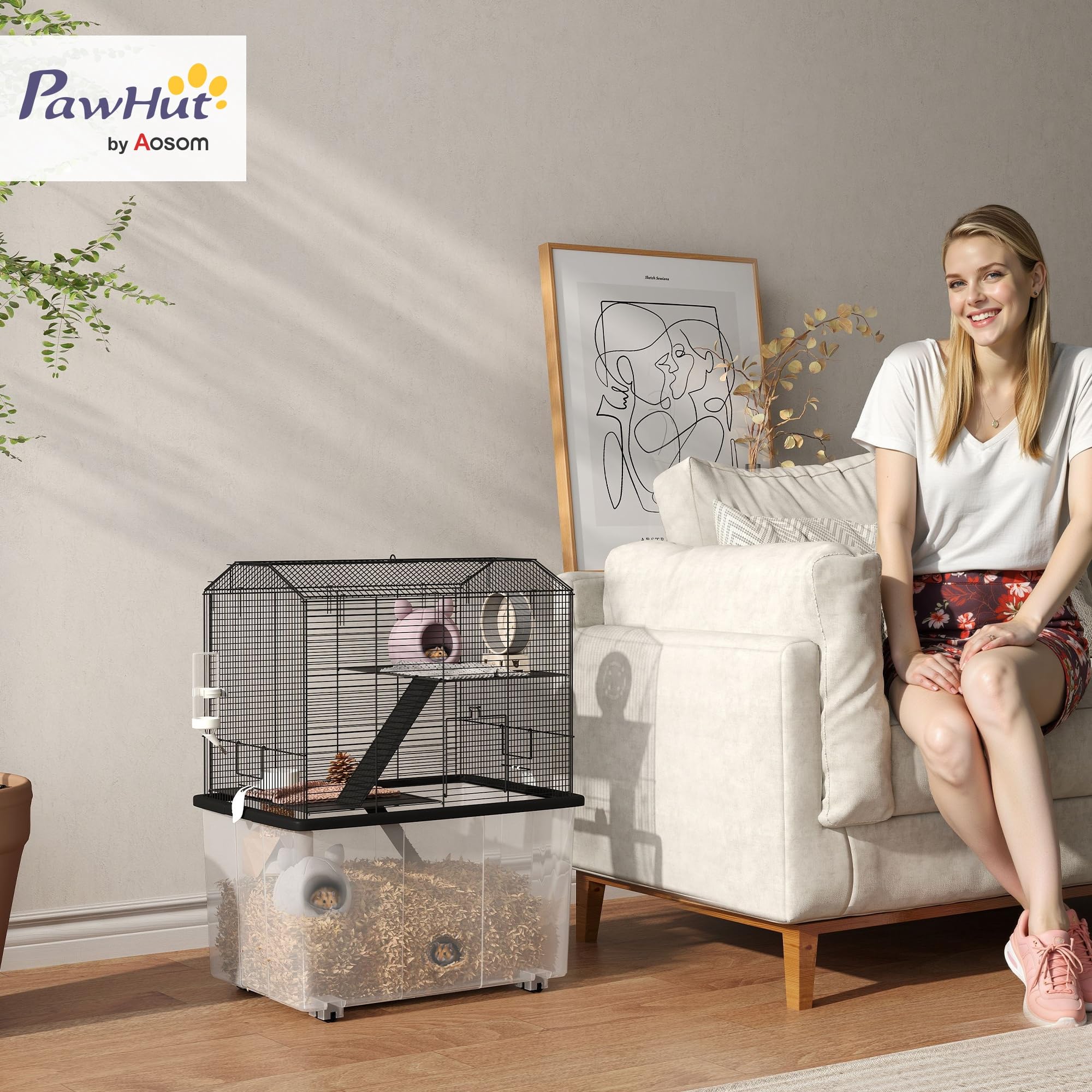 PawHut Cage Hamster, Cage Rongeur, 3 étages, avec roulettes, 2 Plate-Forme et 2 échelle, c, en Fil d'acier, 57 x 43 x 74 cm, Noir