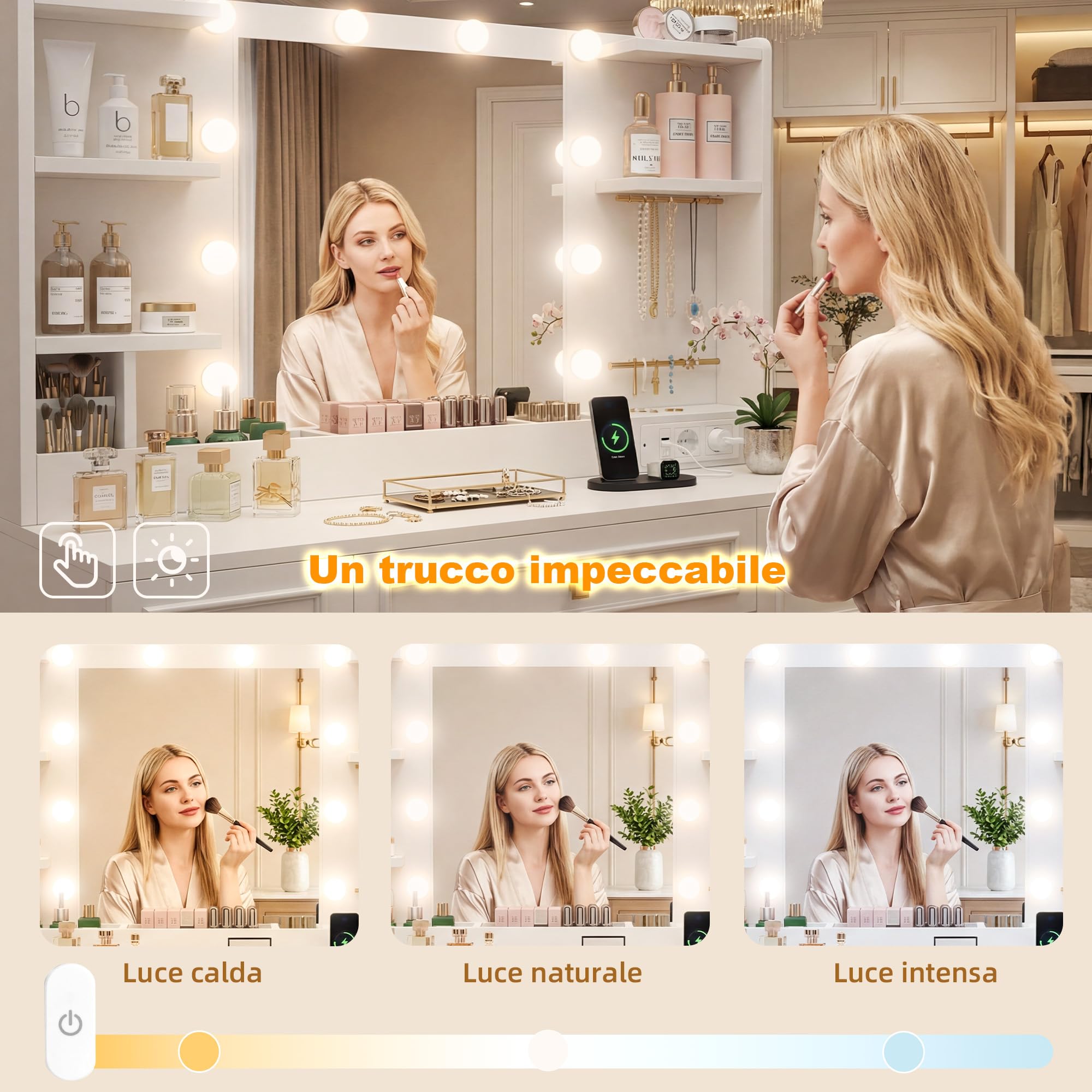 Toeletta Trucco con 10 Luci LED Regolabili e Ganci per Gioielli, Tavolo da Trucco con Specchio Grande, Prese e Porte USB, 6 Cassetti, 5 Scomparti e Porta Phon, Design Moderno, Bianco JBDT002WT